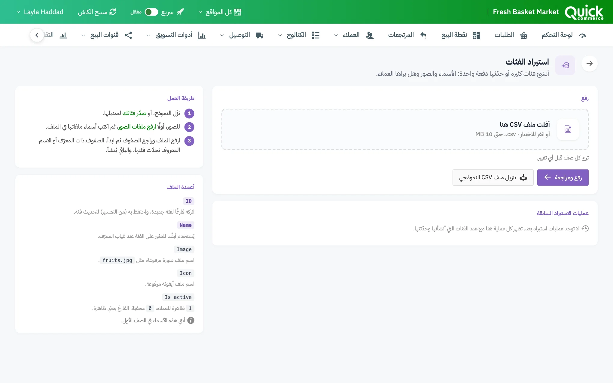 صفحة استيراد الفئات مع ترقيم مربع الرفع وزر رفع ومراجعة ورابط الملف النموذجي وأعمدة الملف