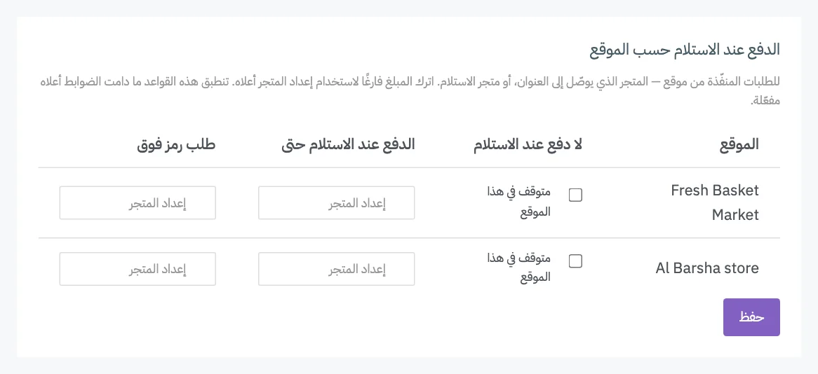 جدول الدفع عند الاستلام حسب الموقع