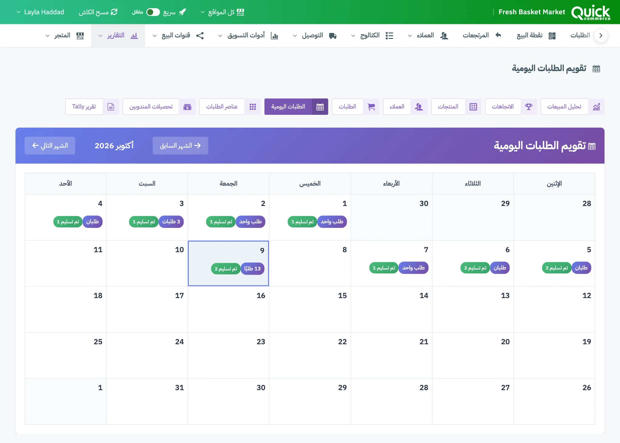 تقويم الطلبات اليومية مع أعداد الطلبات لشهر كامل