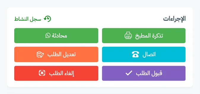 بطاقة الإجراءات في صفحة طلب