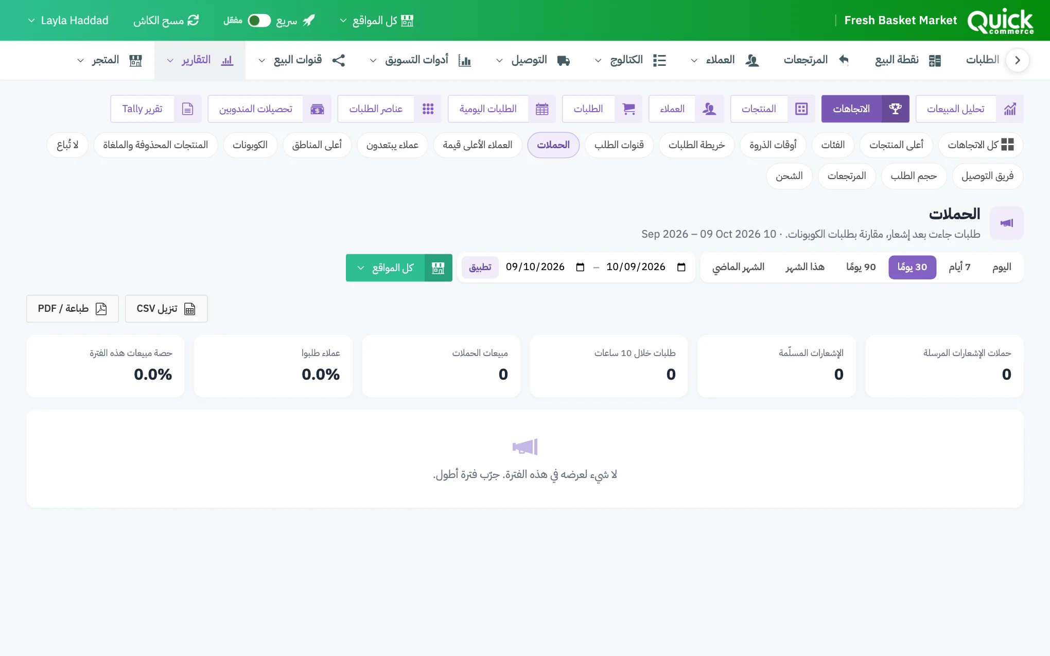 تقرير الحملات مع ترقيم مخطط الطلبات ومخطط الطلبات لكل حملة وجدول حملات الإشعارات