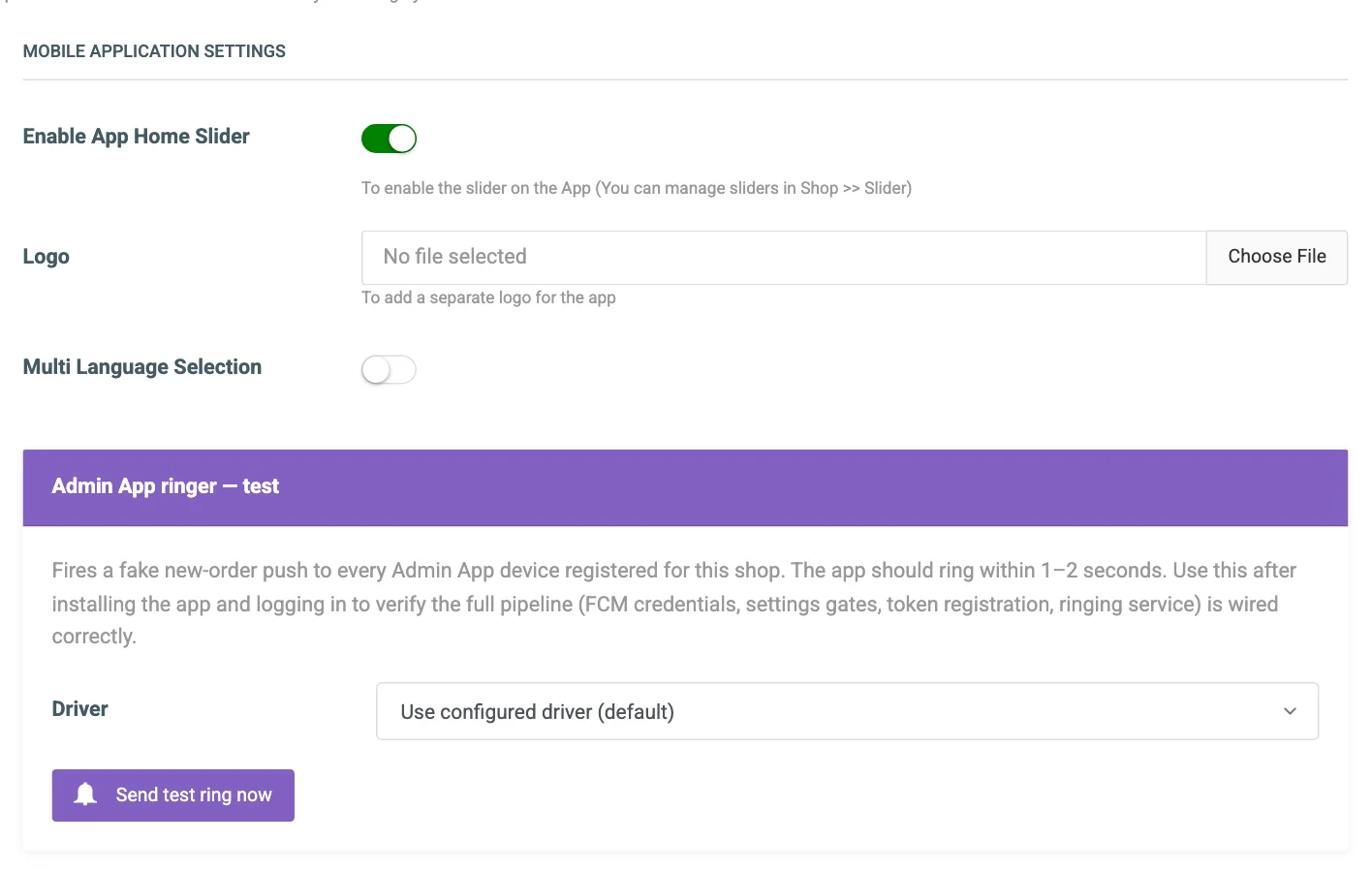 The Mobile Application Settings tab with the three fields, the Driver menu and the Send test ring now button numbered