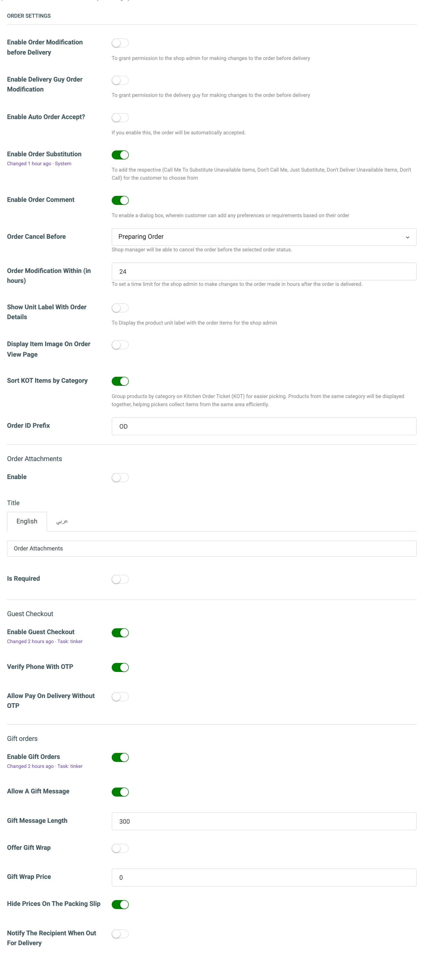 The Order Settings tab with Enable Delivery Guy Order Modification numbered