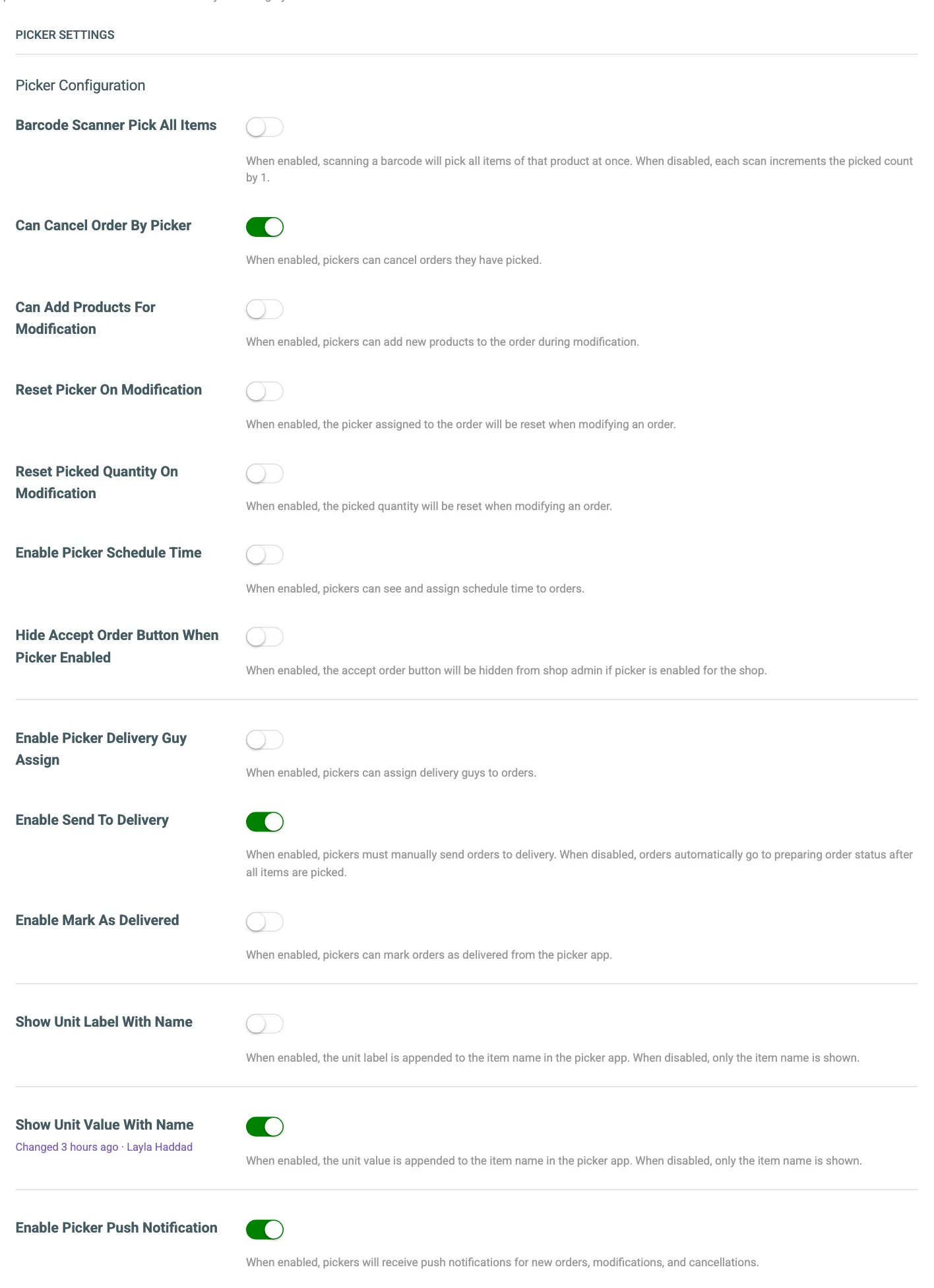 The Picker Settings tab with the Picker Configuration switches
