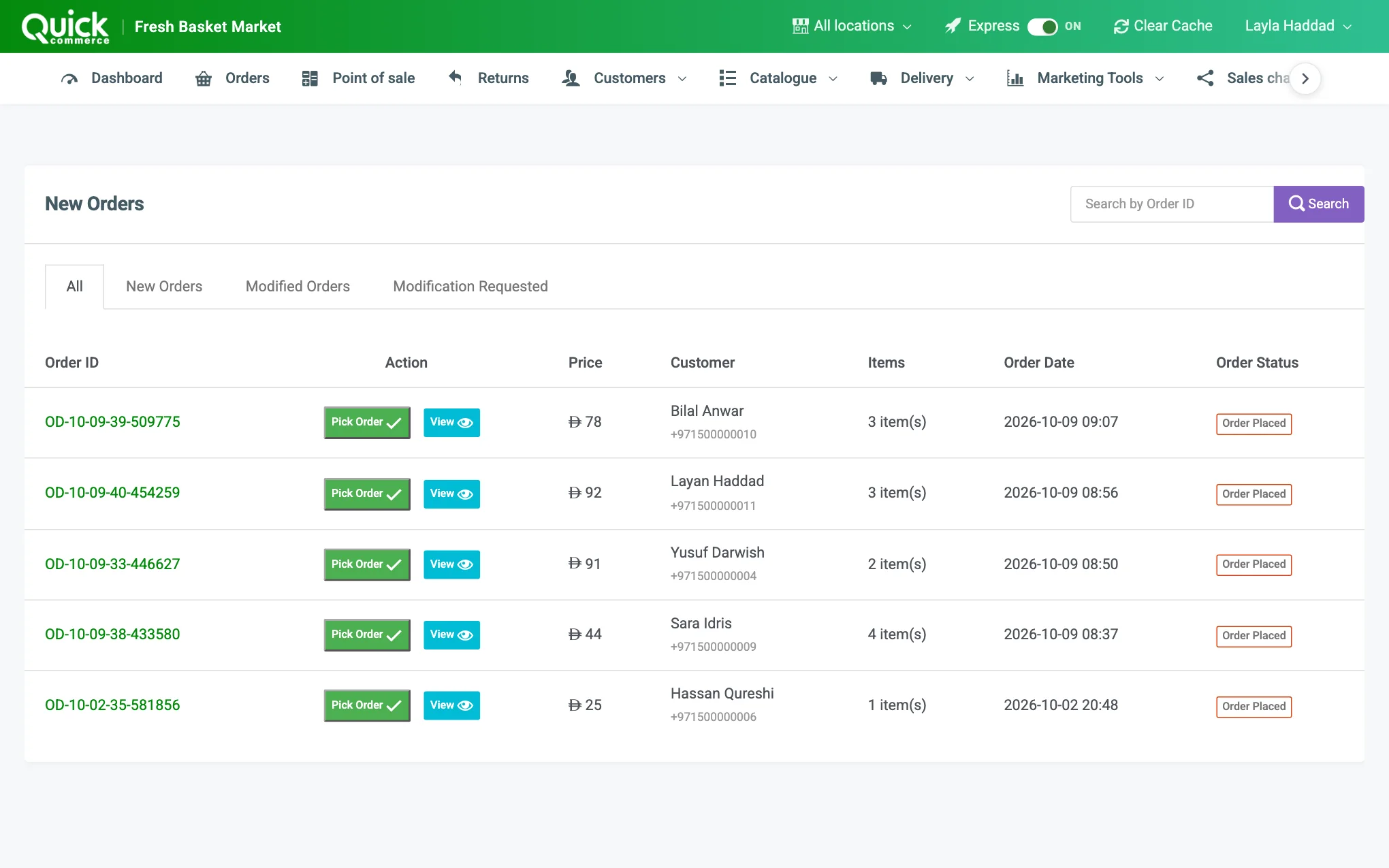 The New Orders list as a picker sees it, with the three lists in the top bar