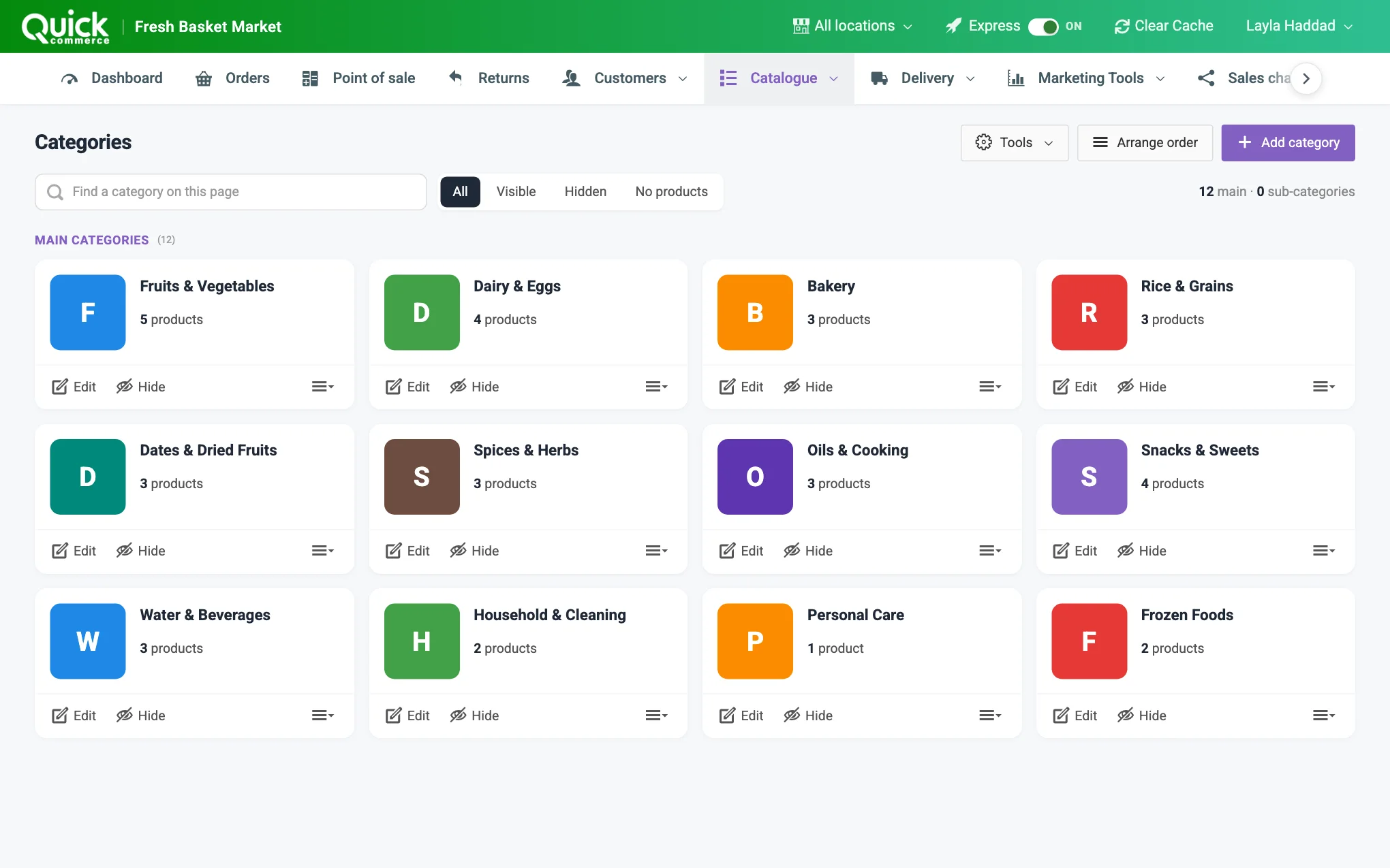 The categories page with the Tools menu, Arrange order, Add category, the search box, the filter buttons and a category card numbered
