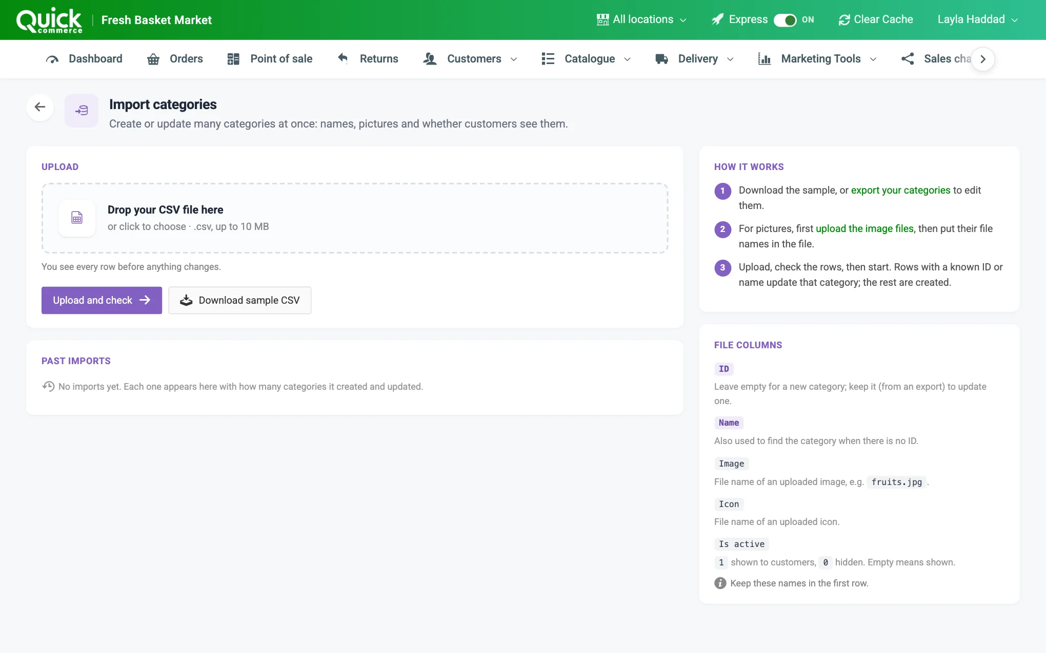 The Import categories page with the upload box, the Upload and check button, the sample link and the file columns numbered