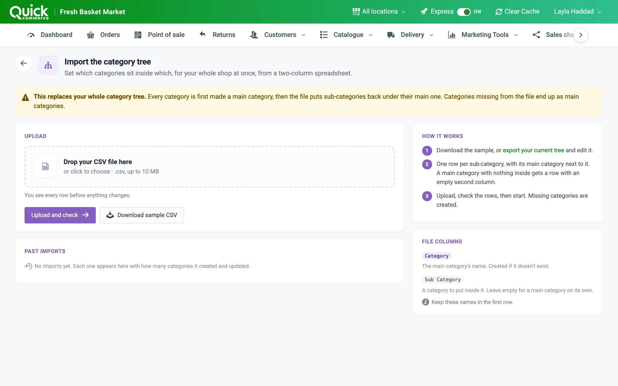 The Import the category tree page with its warning, and the upload box and Upload and check button numbered
