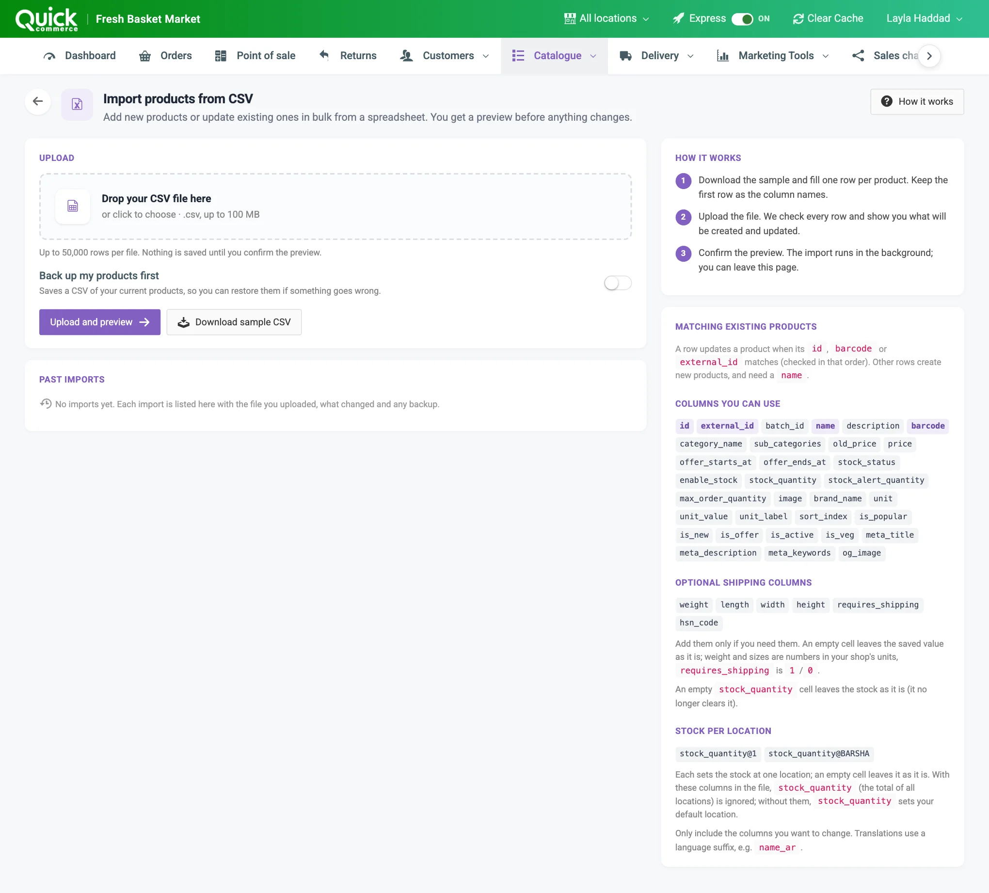 The Import products from CSV page with the sample link, the upload box, the Upload and preview button and the column list numbered