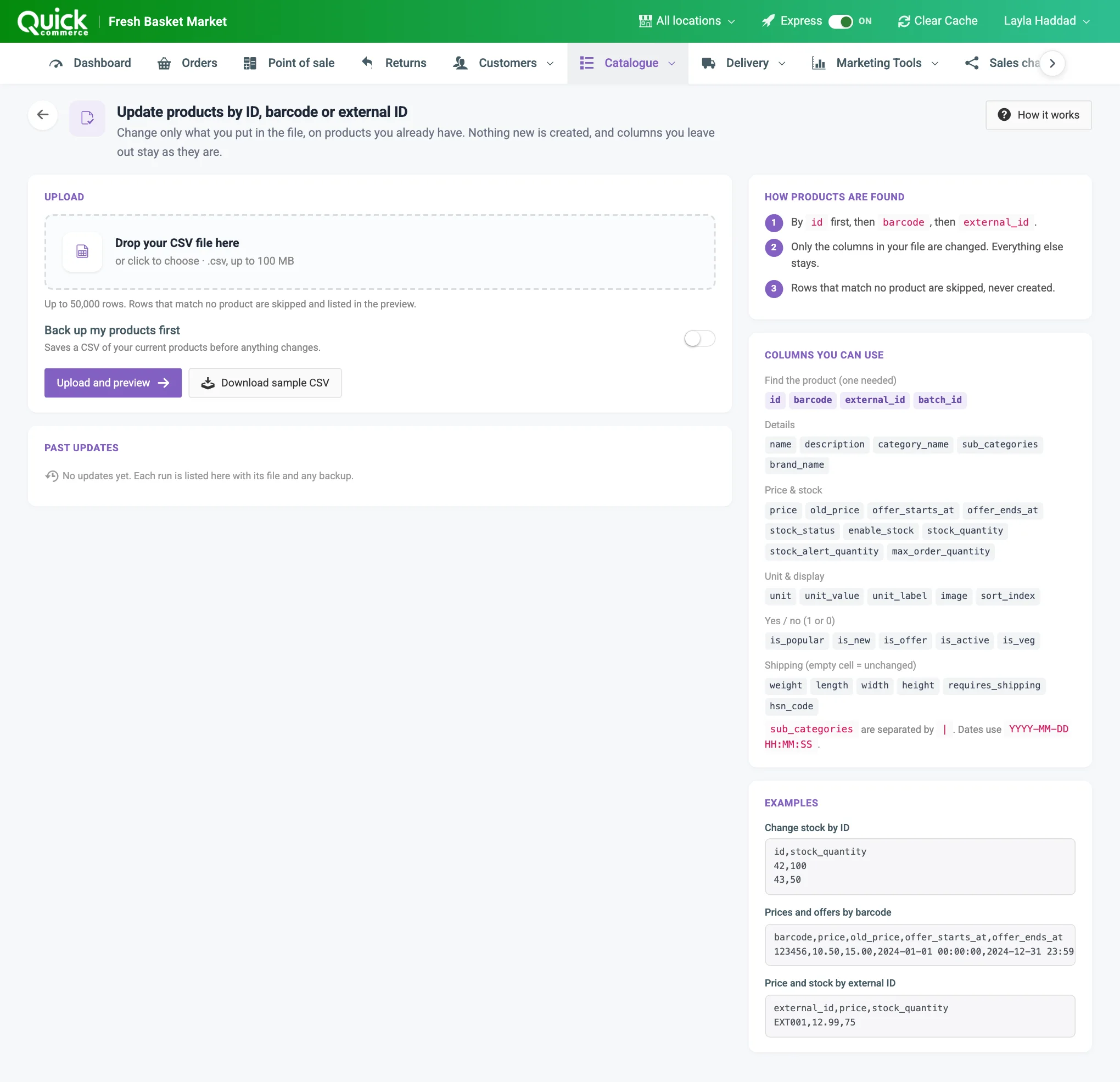 The update by ID, barcode or external ID page with the upload box, the Upload and preview button and the column groups numbered