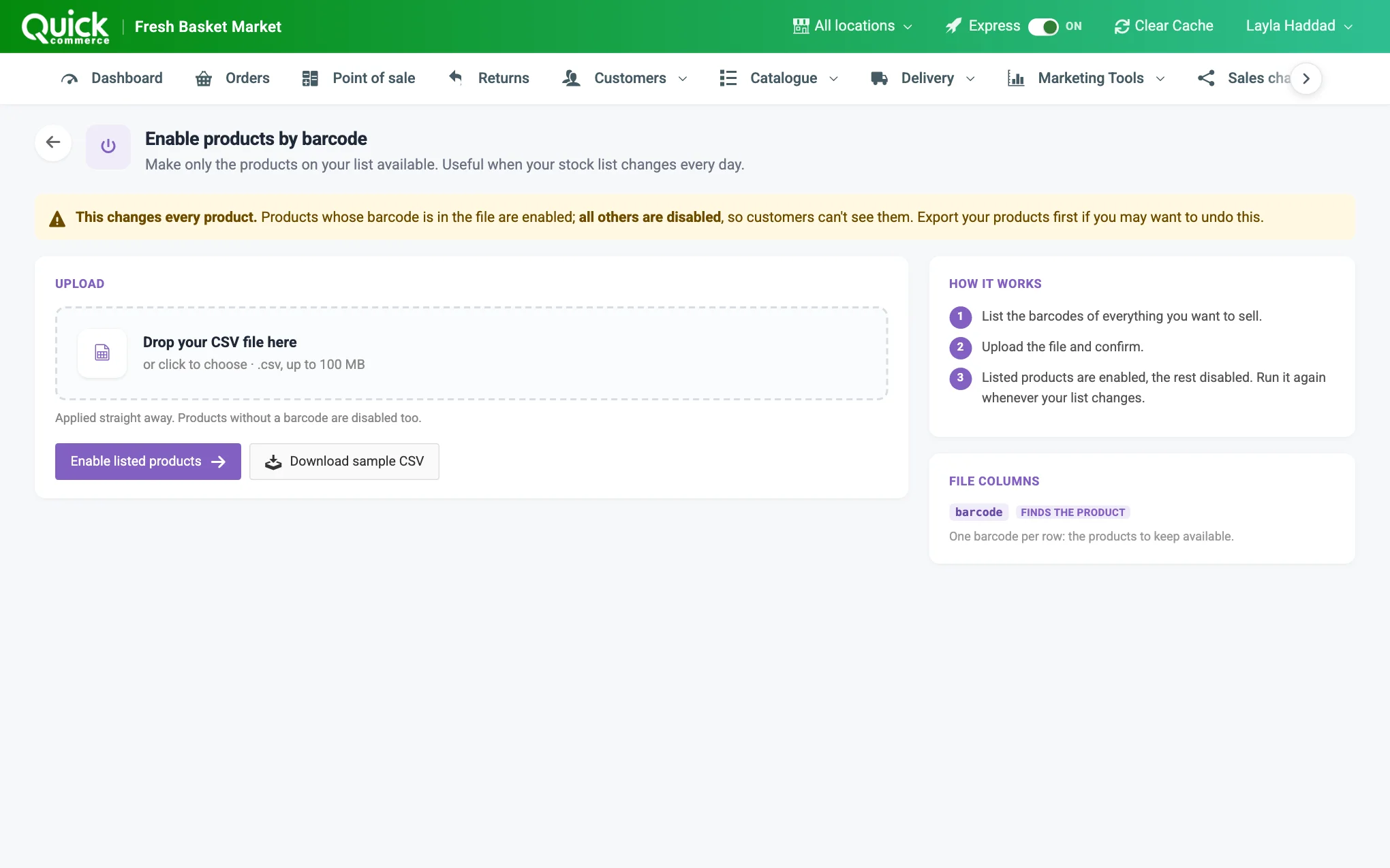 The Enable products by barcode page with its warning, the upload box and the file columns