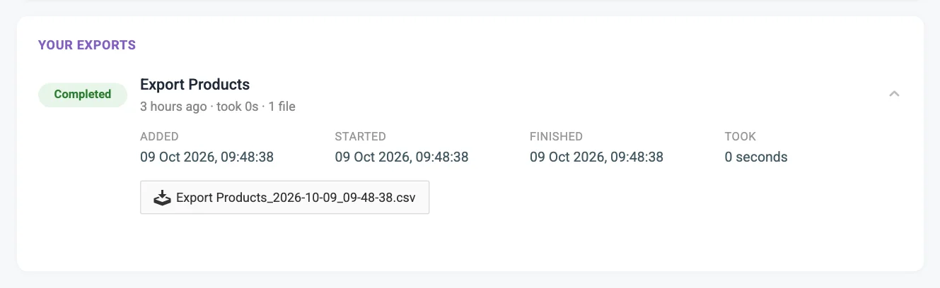 The list of past exports on the export page, with one run opened to show its details and file