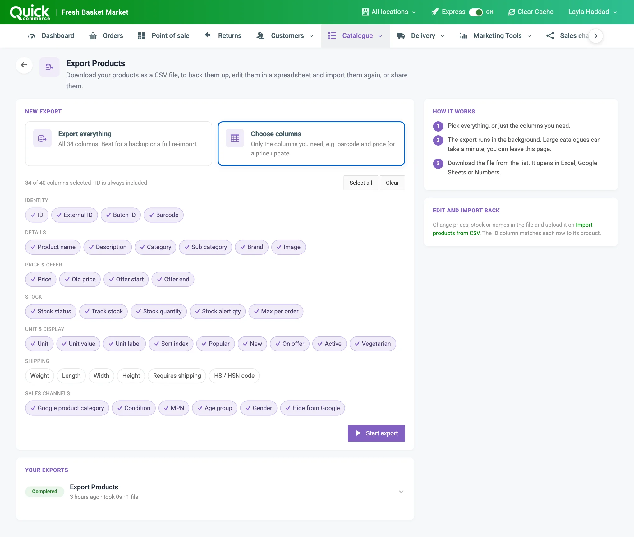 The export page with the Export everything and Choose columns choices, the column picker and the list of past exports numbered