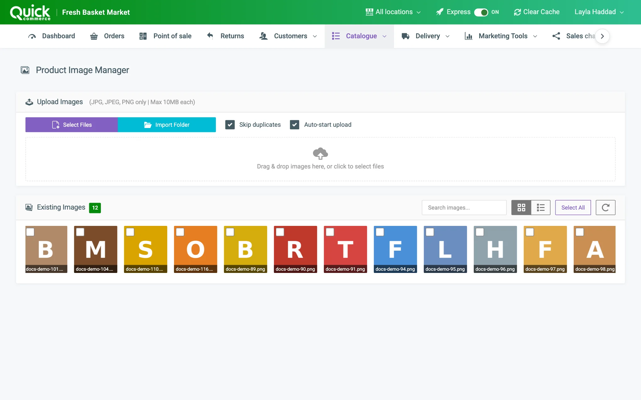 The Product Image Manager with the file buttons, the two tick boxes, the upload buttons and the existing images tools numbered
