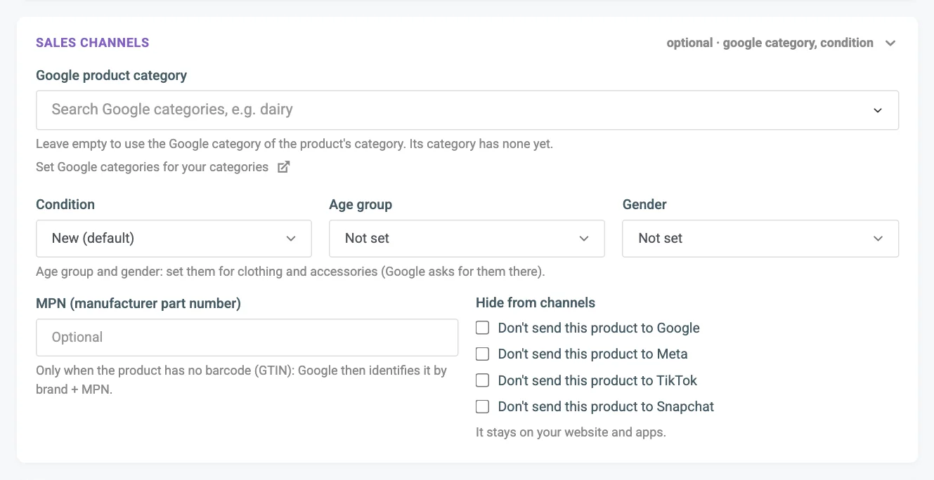 The Sales channels card open, with the Google product category, condition, age group, gender, MPN and hide choices numbered