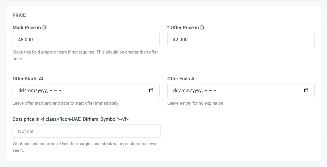 The Price card with the mark price, offer price, offer dates and cost price numbered
