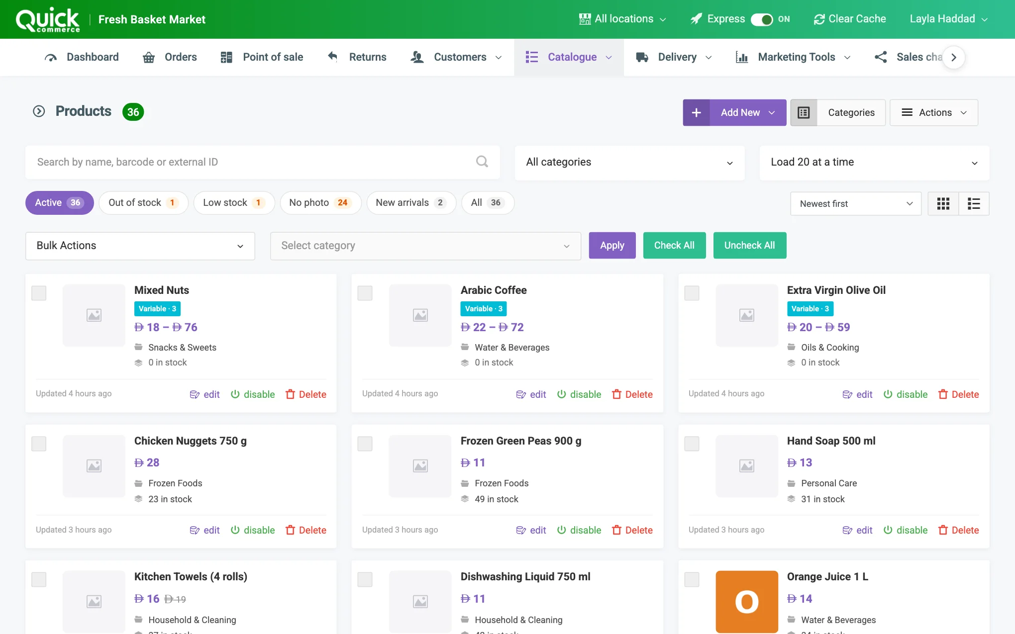The products list with search, category filter, status chips, sorting and the Actions menu numbered