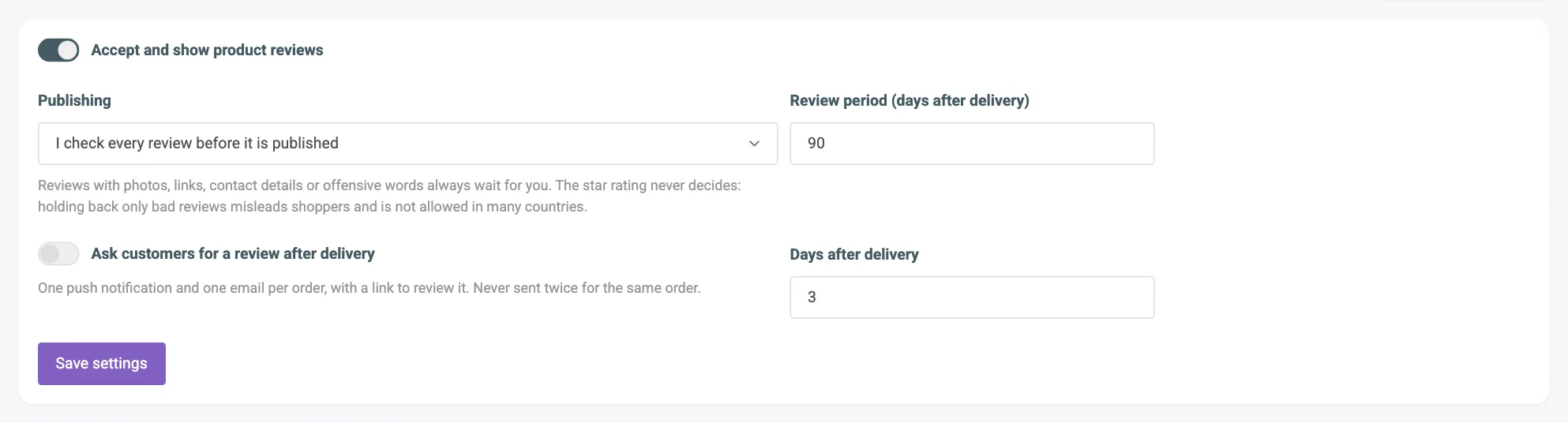 The review settings panel with the on switch, publishing choice, review period, review request switch and its delay numbered