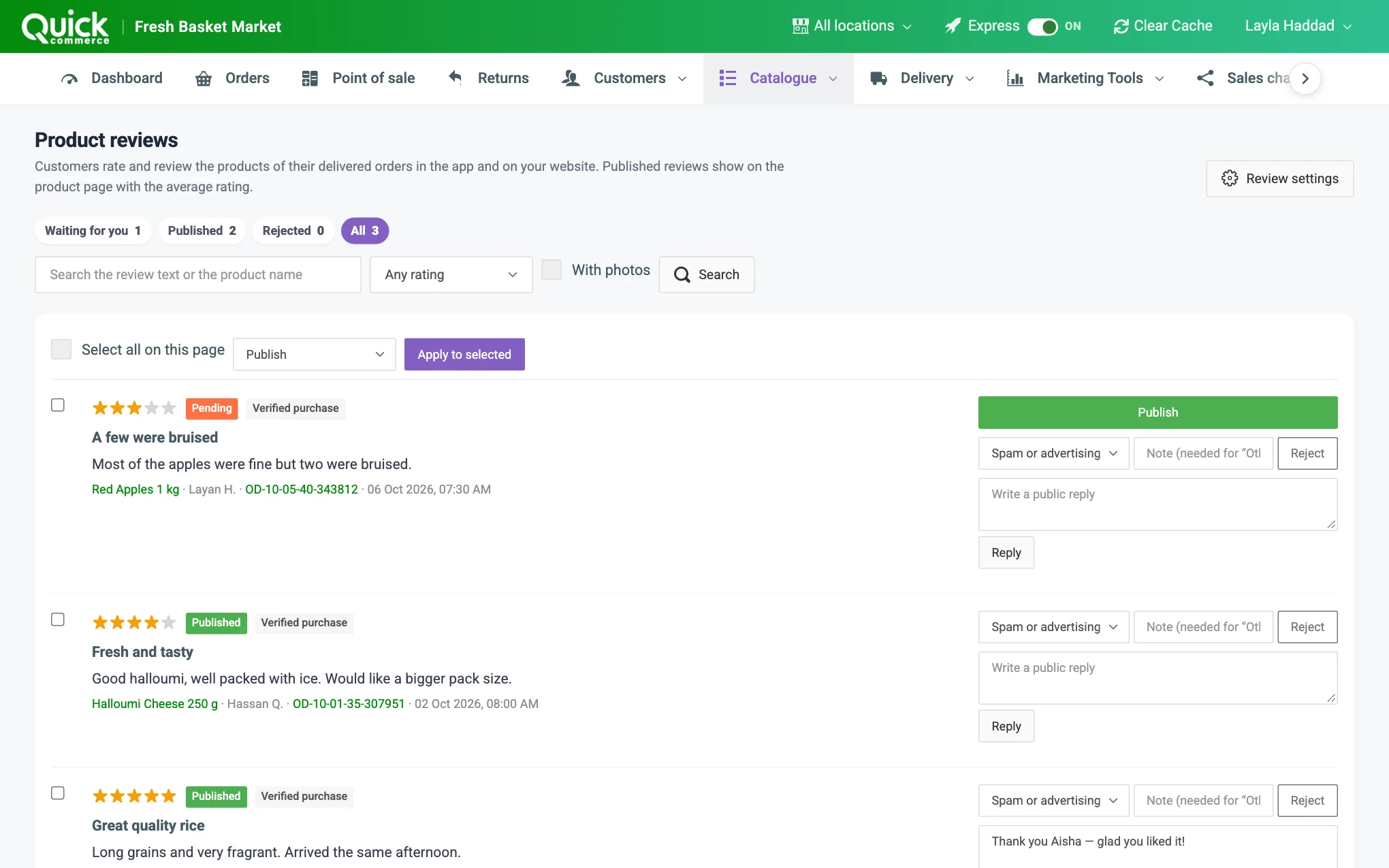 The product reviews page with the status tabs, the search and filters, the bulk bar and a review's Publish, Reject and Reply controls numbered