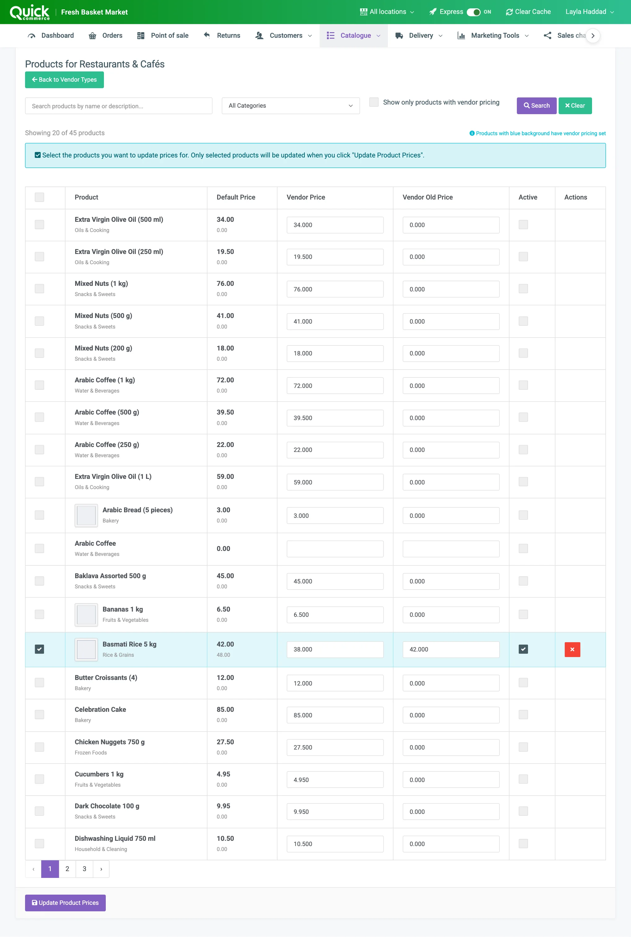 The products page of a vendor type with the search, the category box, the vendor pricing tick box, the select-all box and the Update Product Prices button numbered