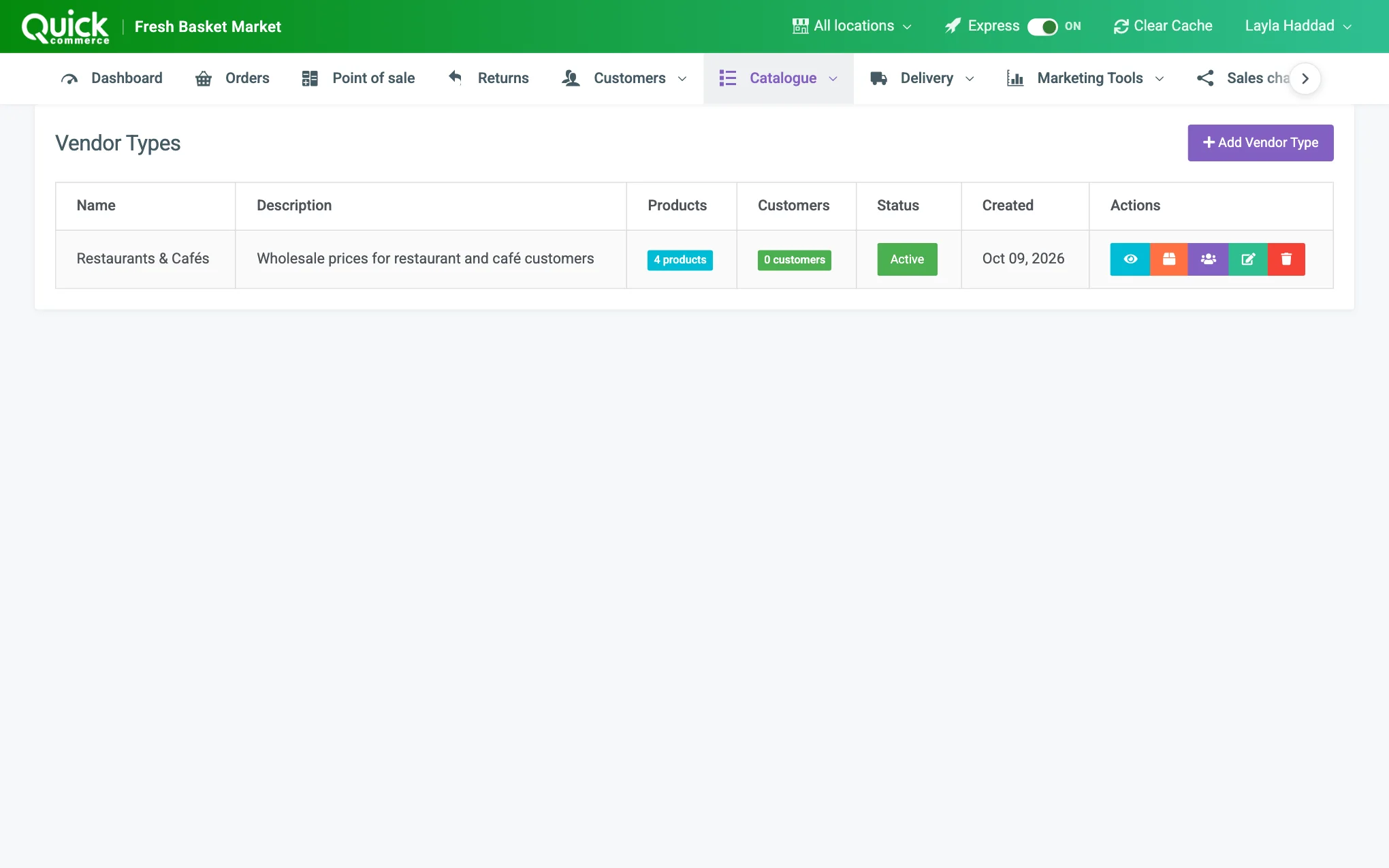 The vendor types list with the Add Vendor Type button, the status button and the row actions numbered
