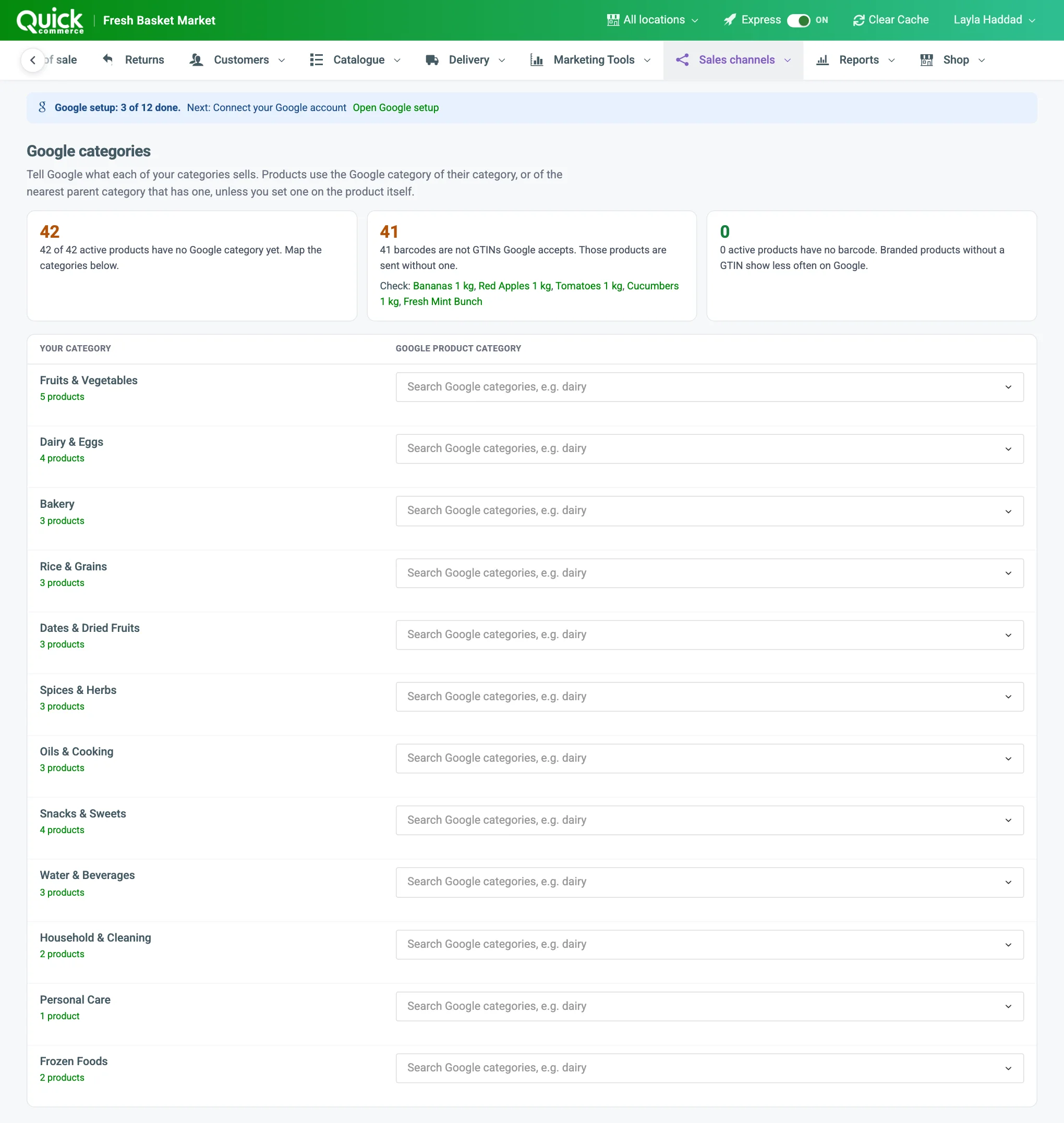 The Google categories page with the three counters and the first category row numbered