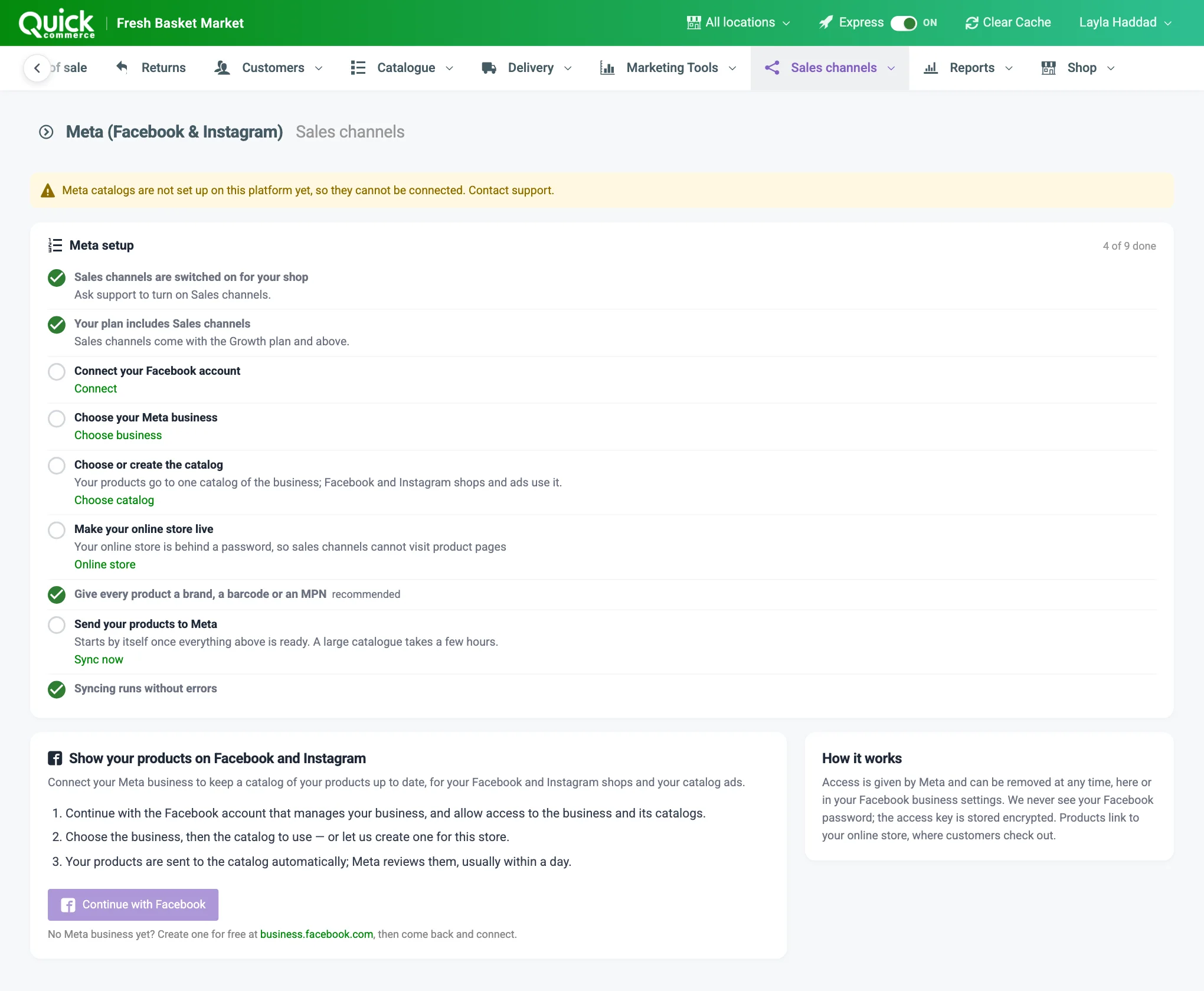 The Meta page before connecting, with the Meta setup checklist and the Continue with Facebook button numbered