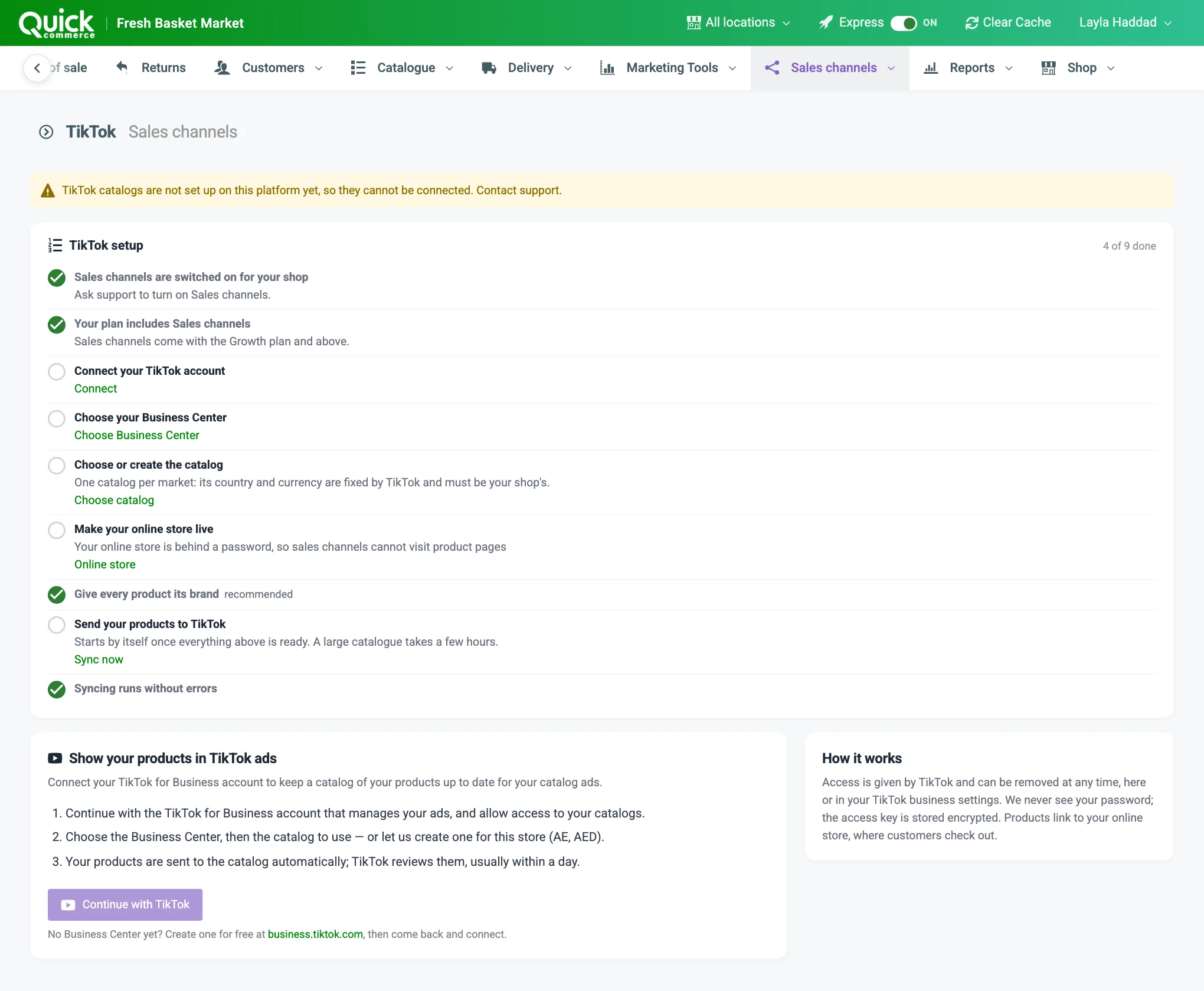 The TikTok page before connecting, with the TikTok setup checklist and the Continue with TikTok button numbered