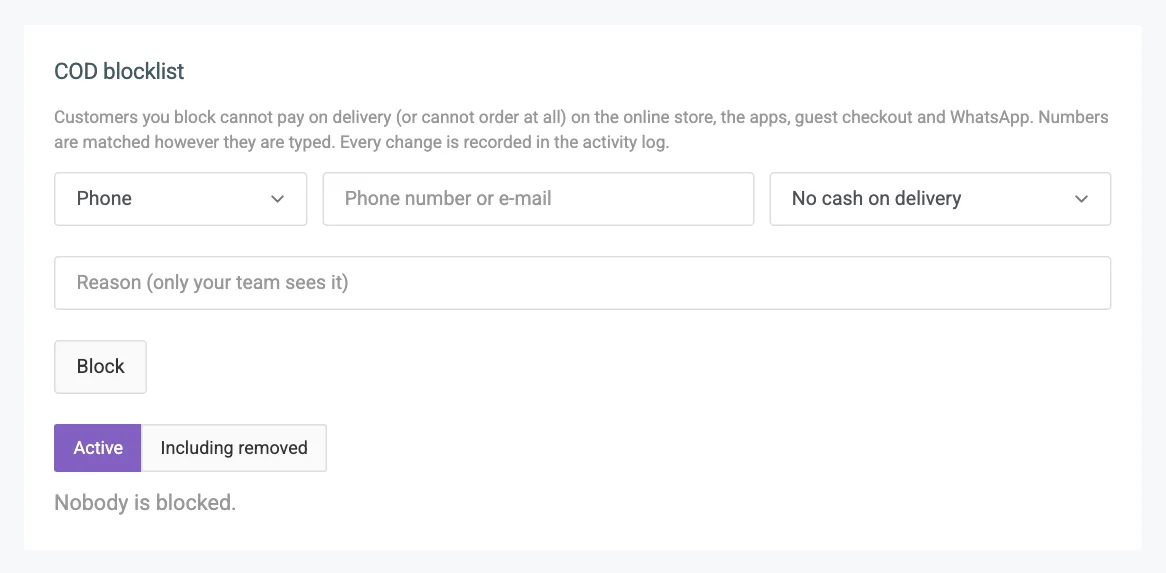 The COD blocklist card with the form and the list of blocked contacts
