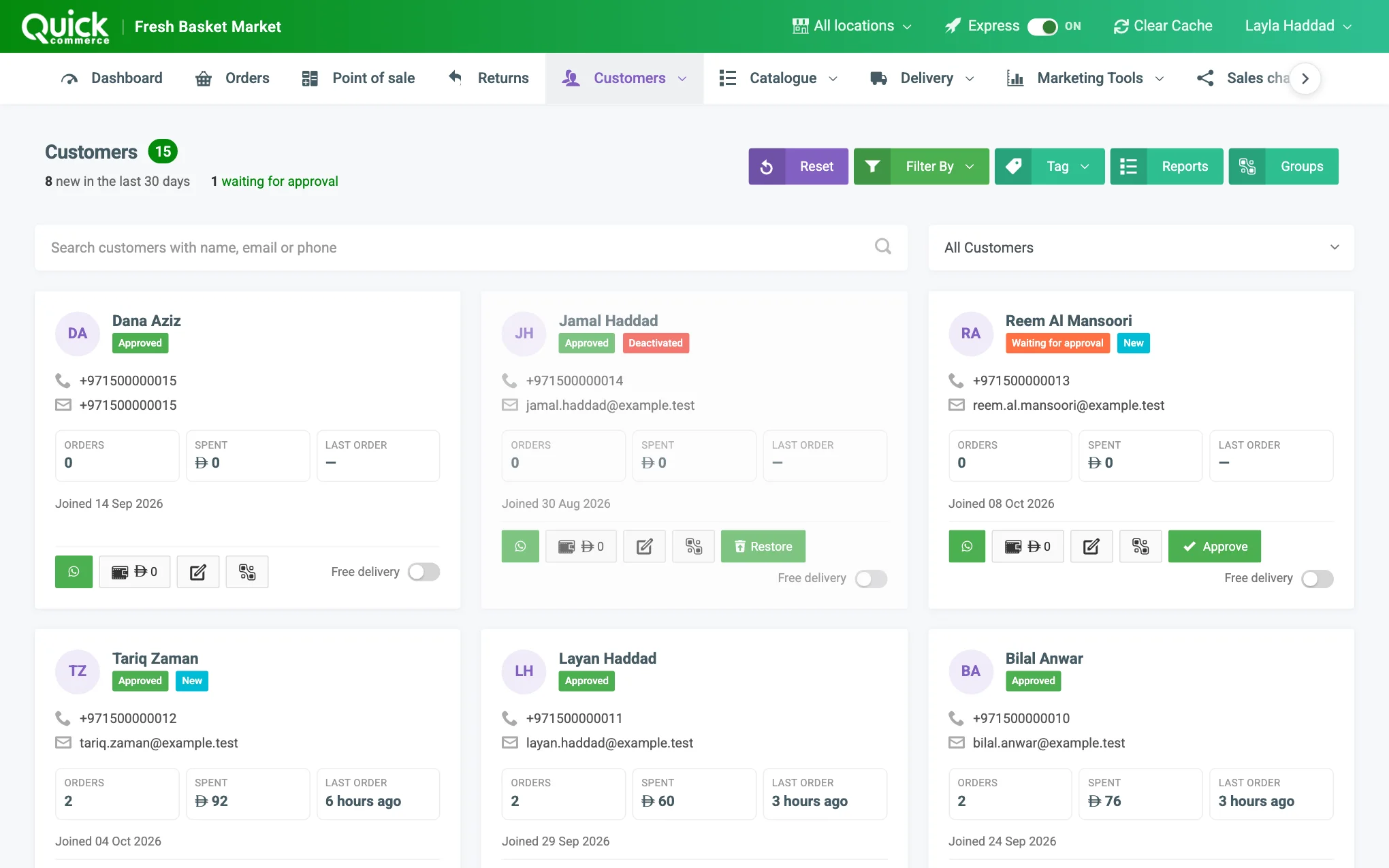 The customers list with search, filter and customer cards