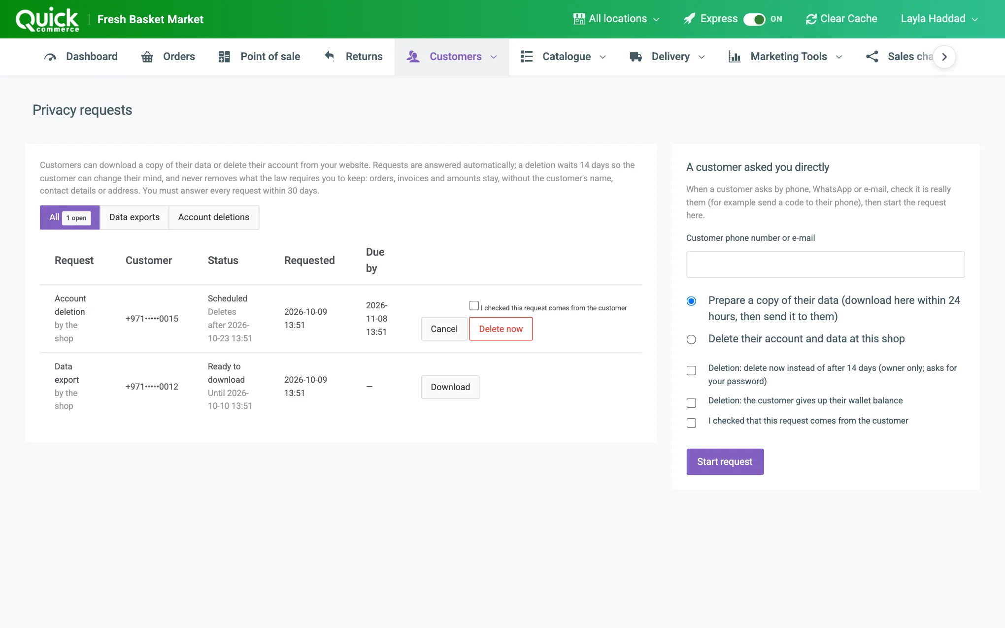 The Privacy requests page with the list and the form for a request a customer made directly