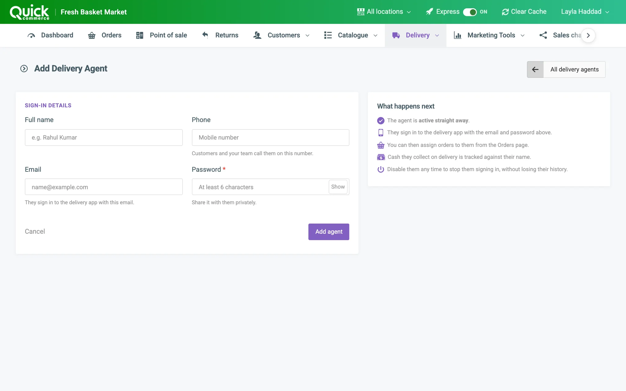 The Add Delivery Agent form with the sign-in details, the Work section and the Add agent button numbered