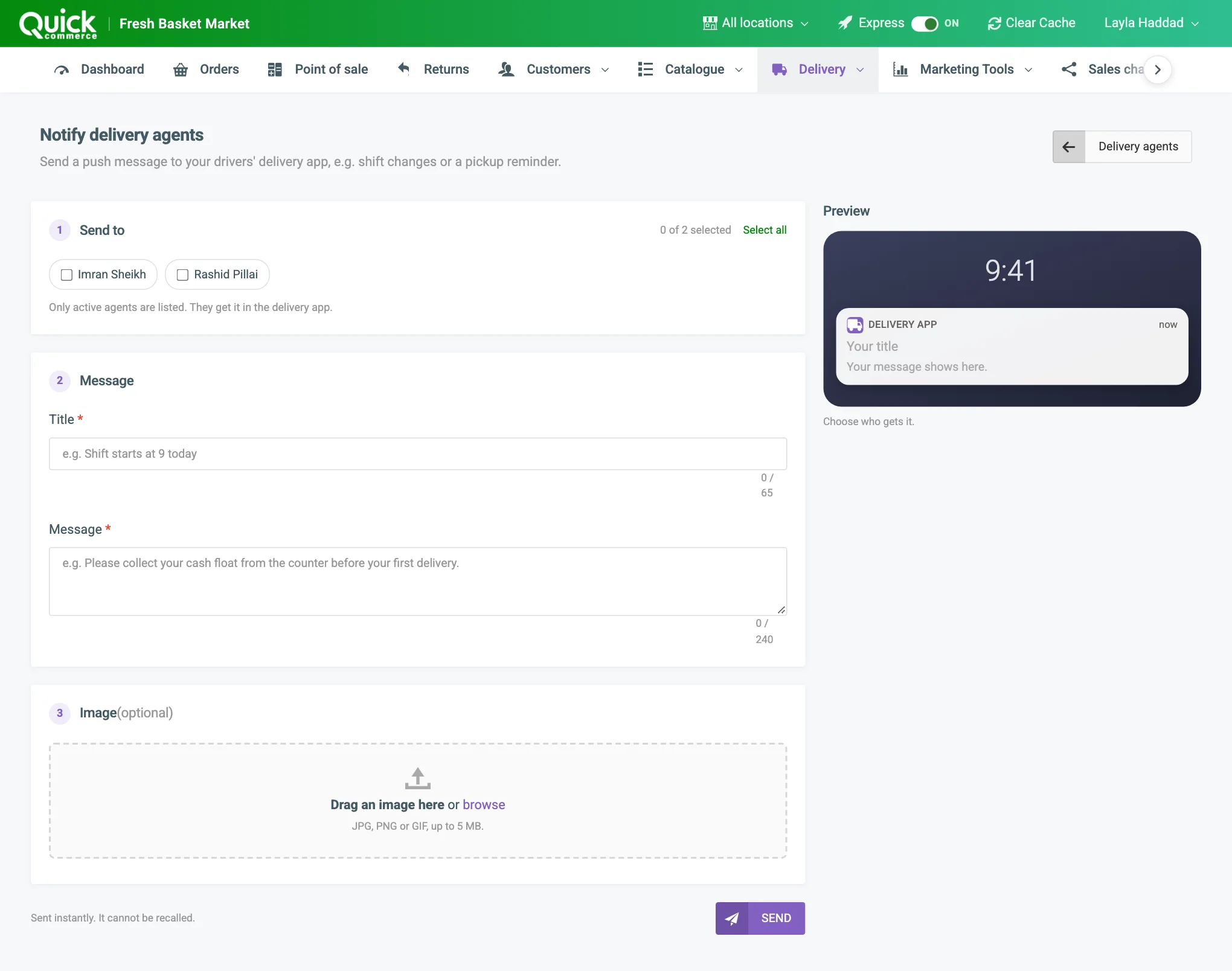 The Notify delivery agents page with the agent list, the title and message fields, the image area and the preview numbered