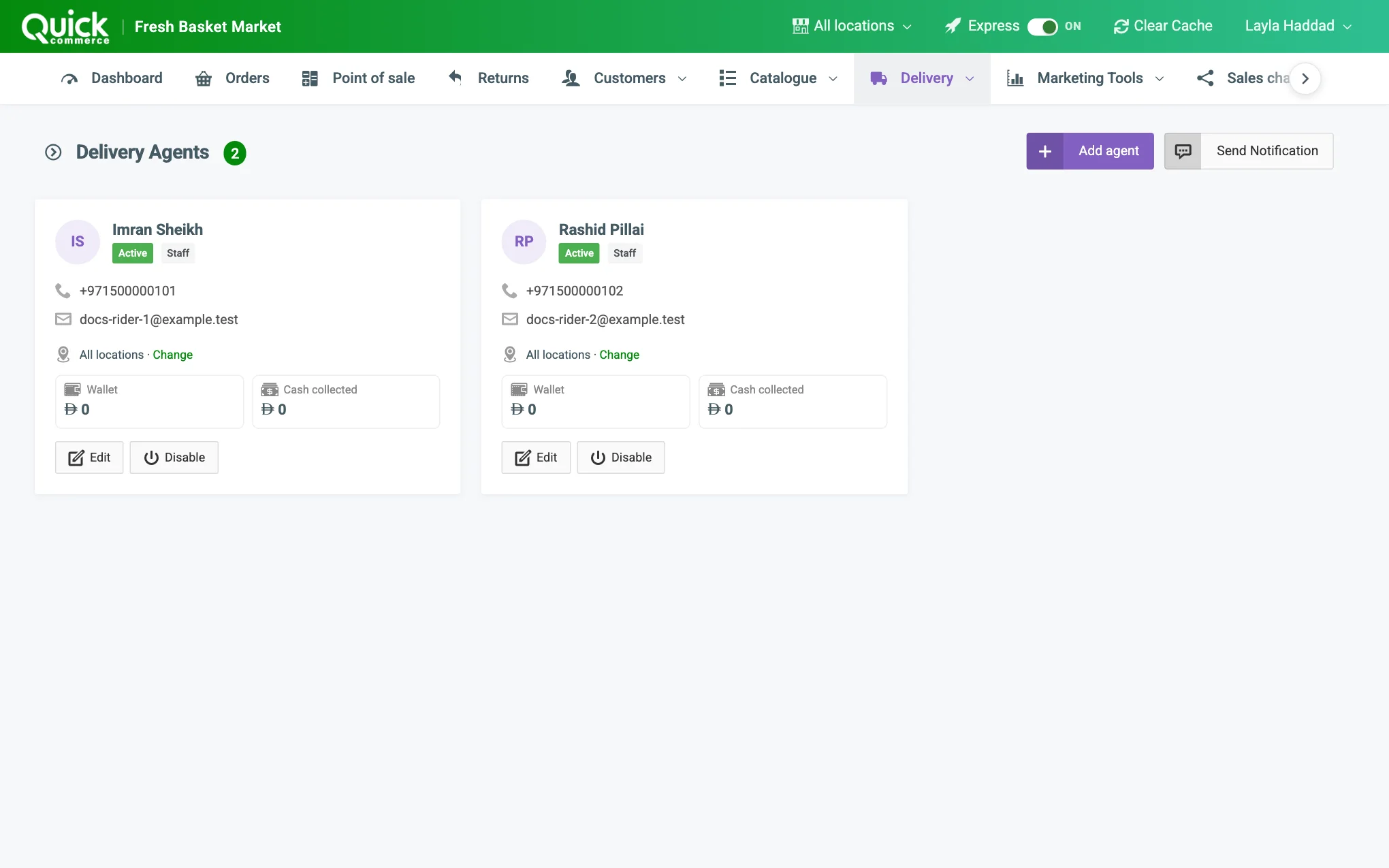 The Delivery Agents list with the Hire, Add agent and Send Notification buttons and an agent row numbered