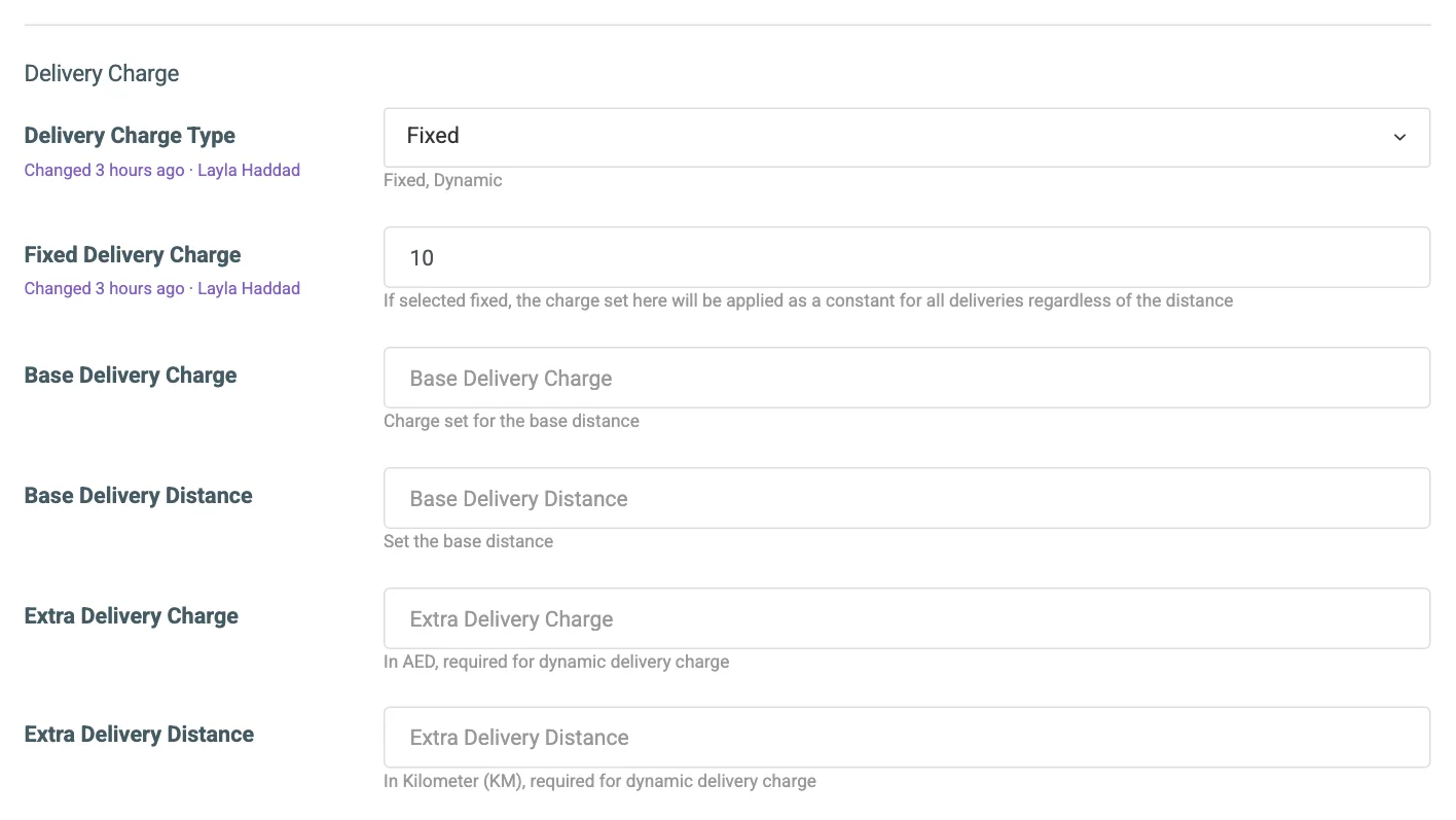 The Delivery Charge block with the charge type, fixed charge, base and extra fields, maximum and unknown-distance rule numbered