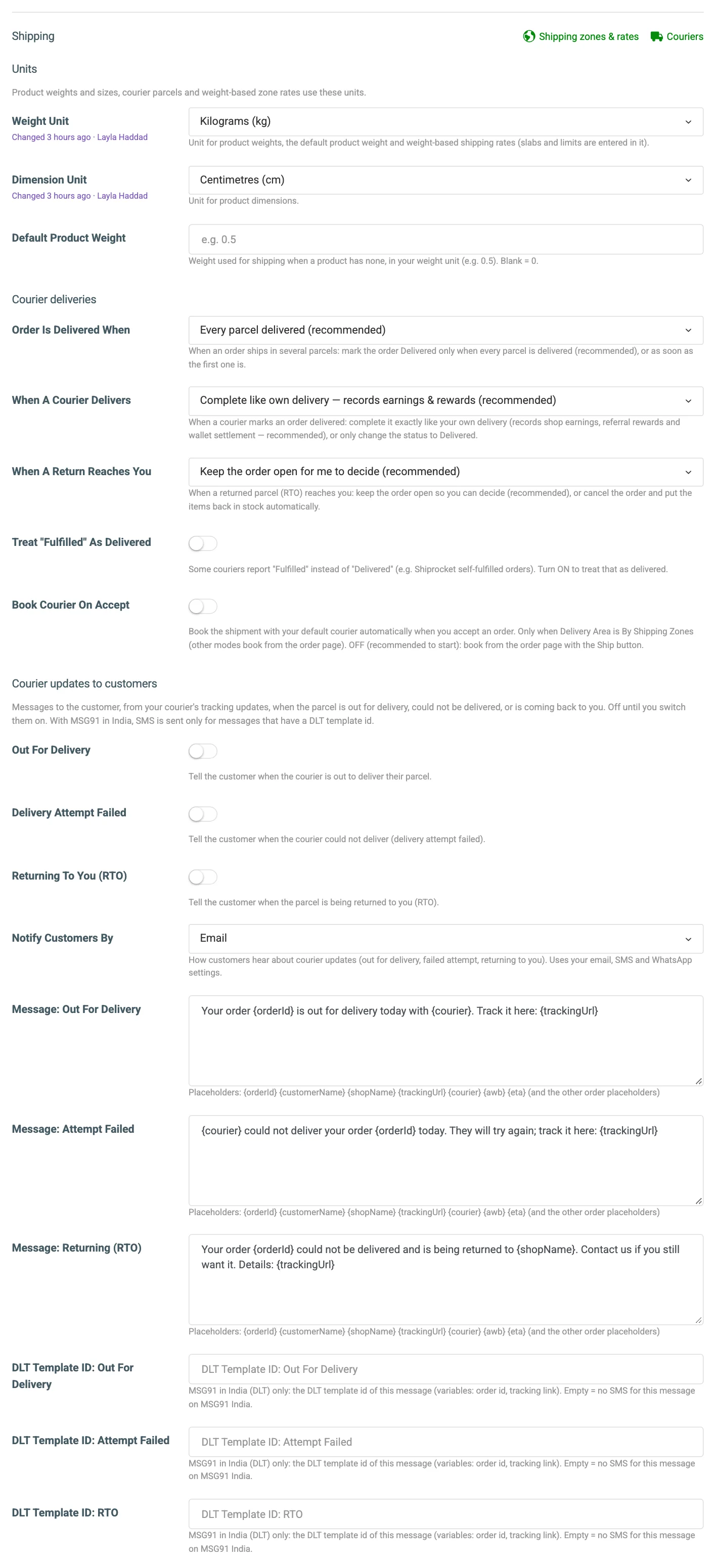 The Shipping section of the Delivery Settings tab