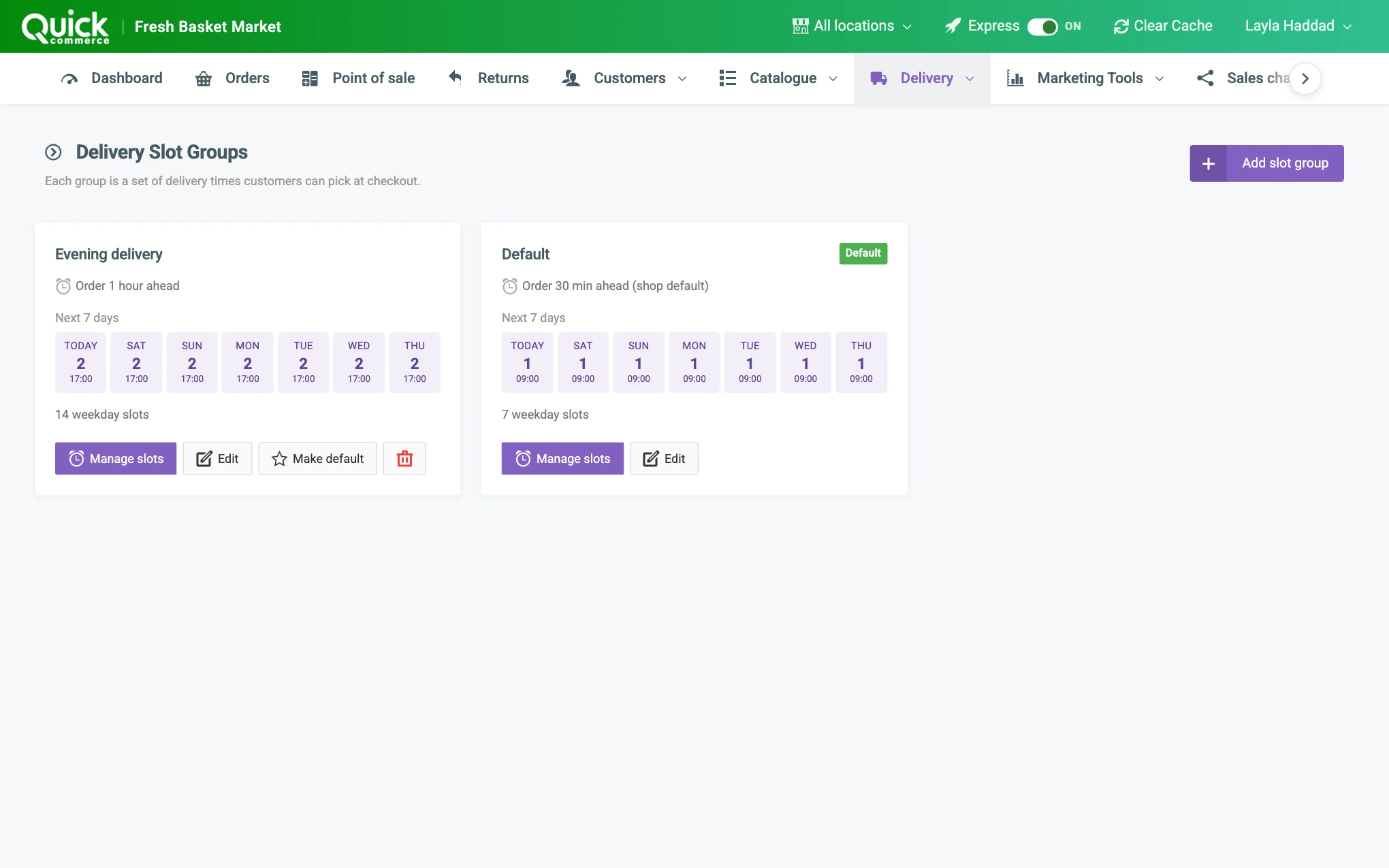 The Delivery Slot Groups page with the add button, a group card and its Manage slots button numbered