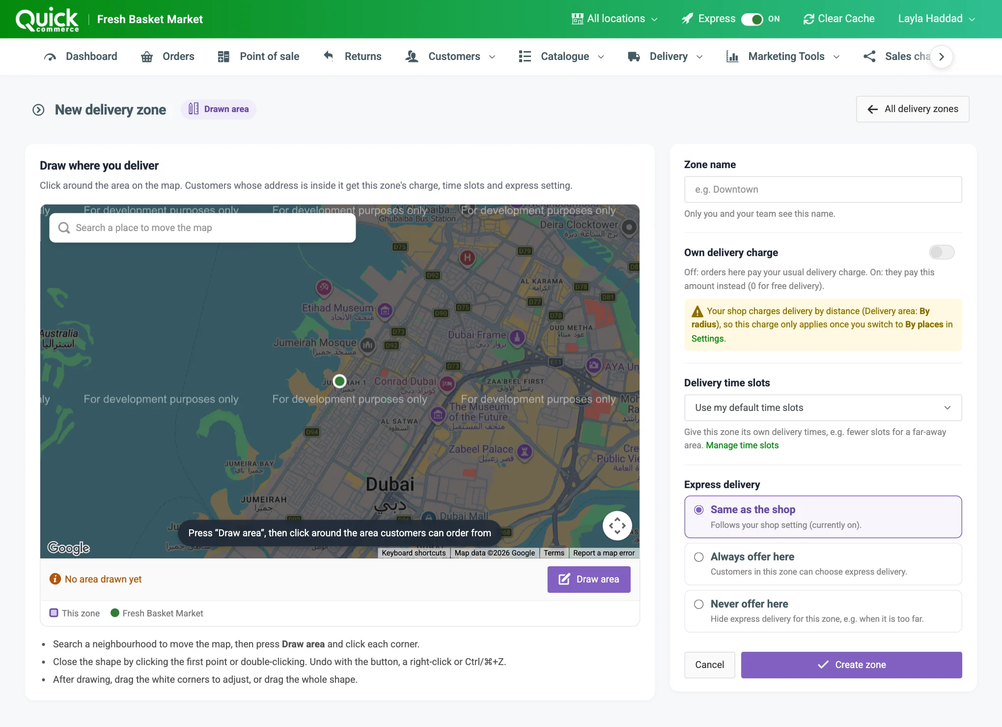 The New delivery zone form with the map, zone name, own delivery charge, time slots and express options numbered