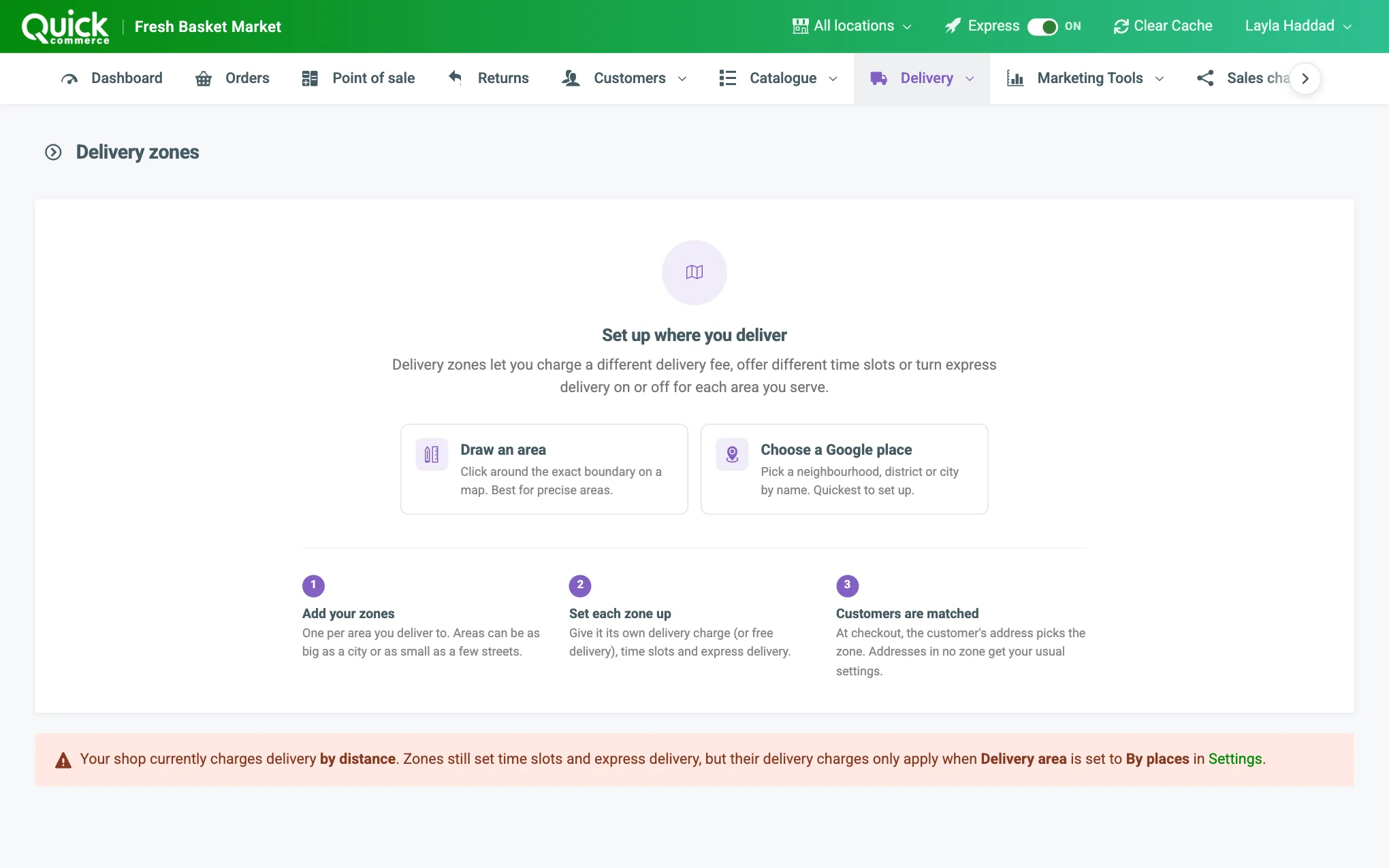 The Delivery zones page with an add button, the status panels and the Edit link of a zone numbered