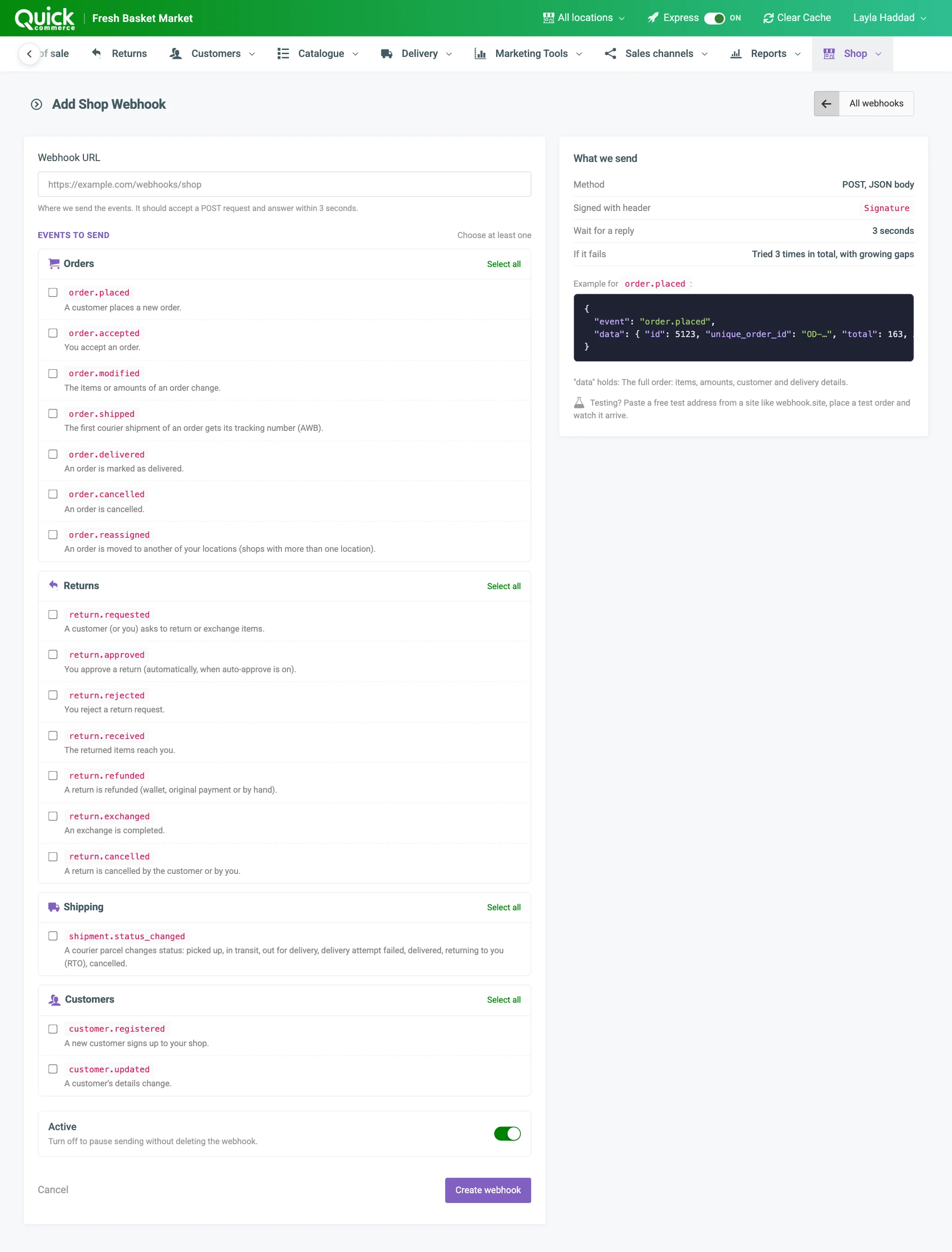 The Add Shop Webhook form with the URL, the event groups, the Active switch and the What we send card numbered
