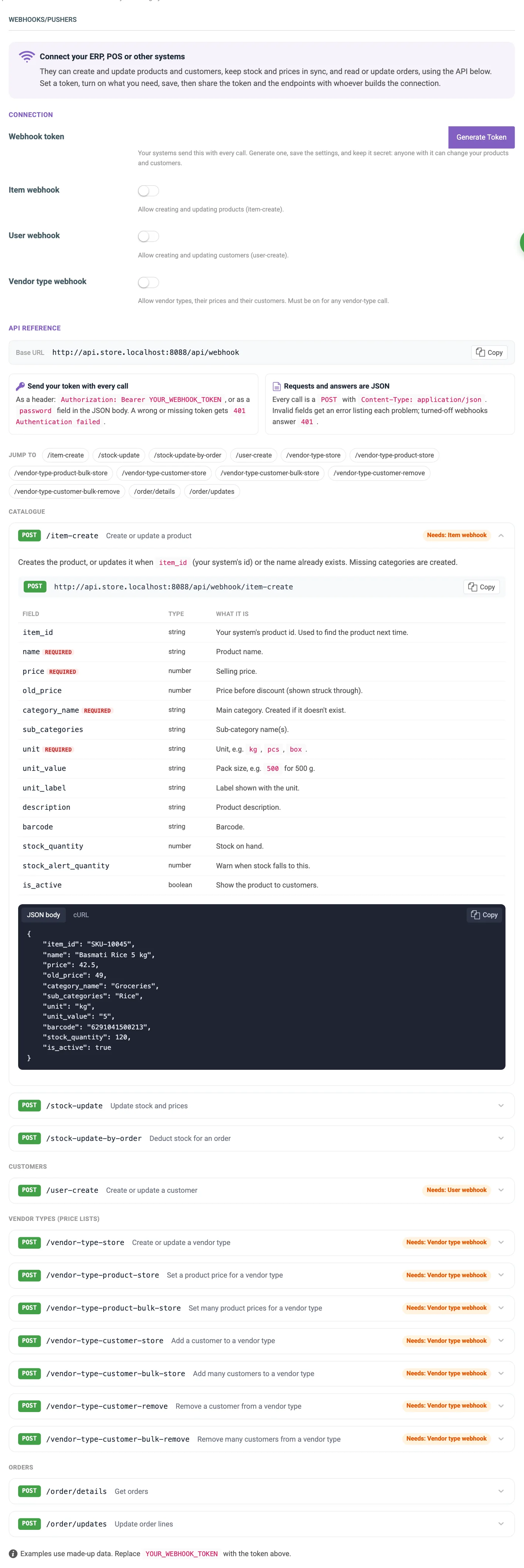 The Webhooks/Pushers tab with the token row, the three switches, the base URL and the endpoint list numbered; the token value is hidden