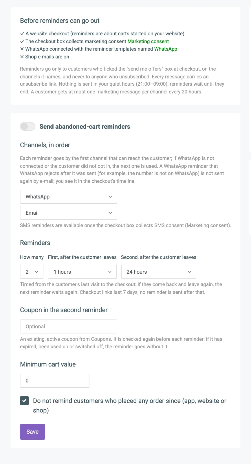 The reminder settings with the switch, channels, number of reminders, delay, coupon, minimum cart value and the ordered-since tick box numbered