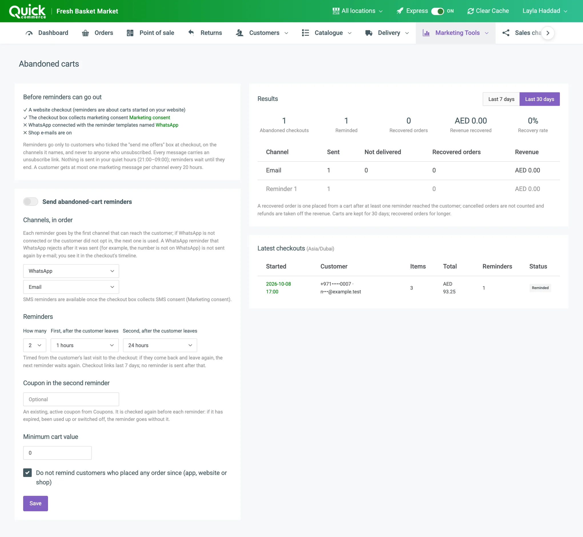 The Abandoned carts page with the settings form, the Results period buttons and the Latest checkouts table numbered