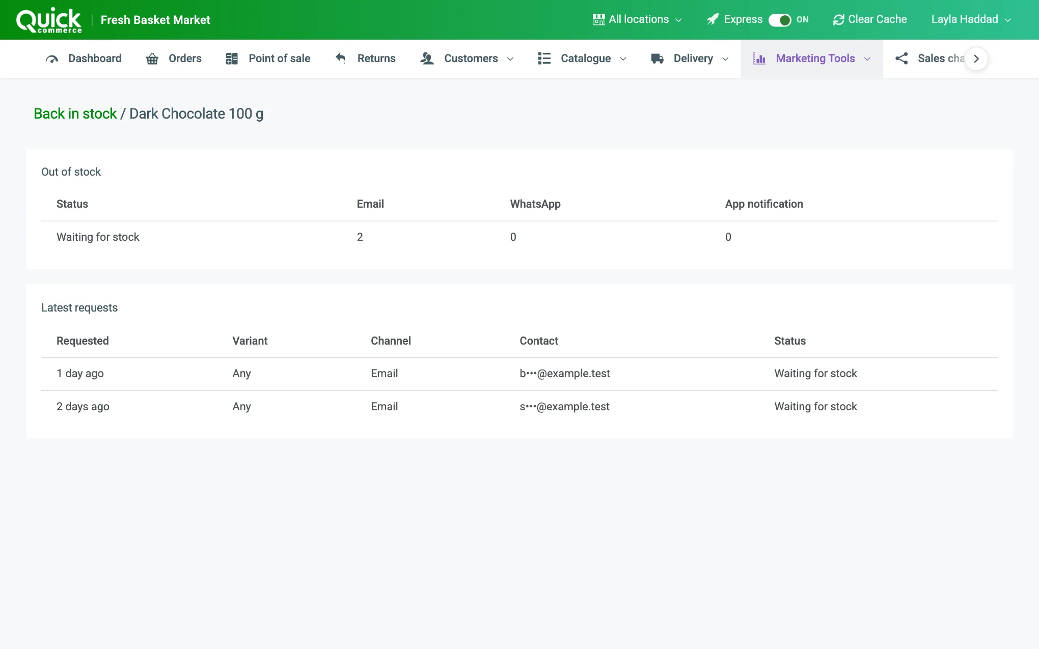 One product's back-in-stock requests: the counts by status and channel, and the latest requests