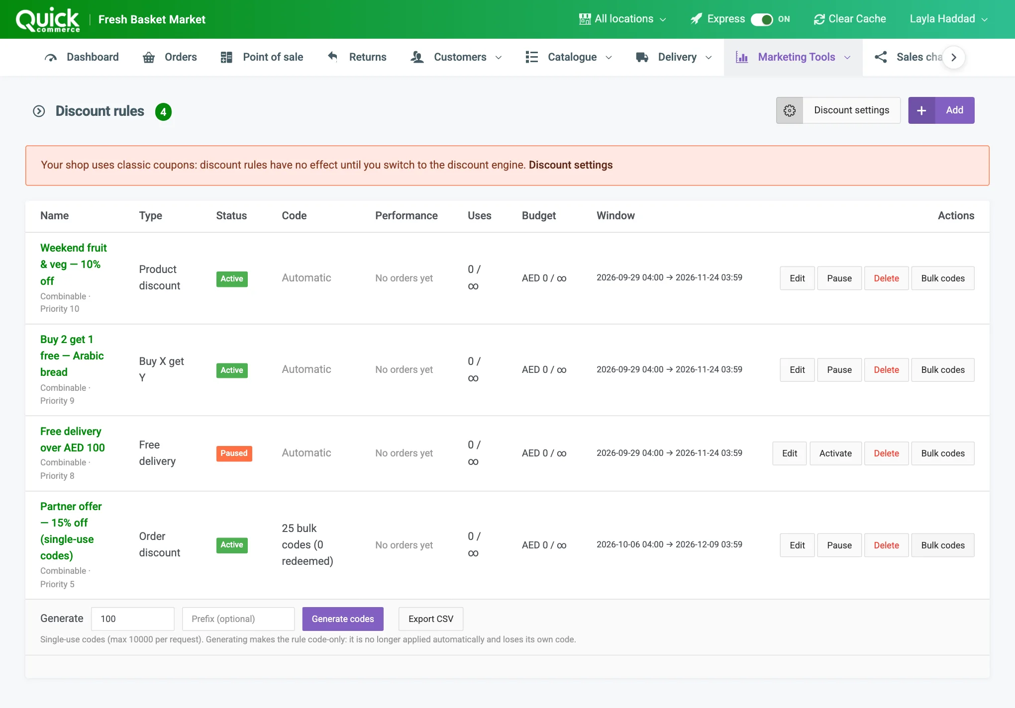 A rule's row on the Discount rules list with the Bulk codes panel open