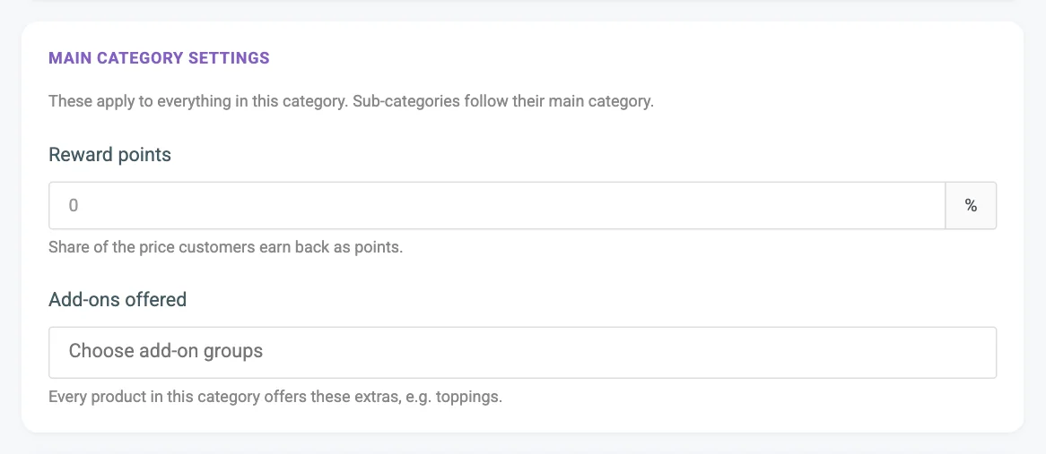 The Main category settings card on the category form, with the Reward points field numbered