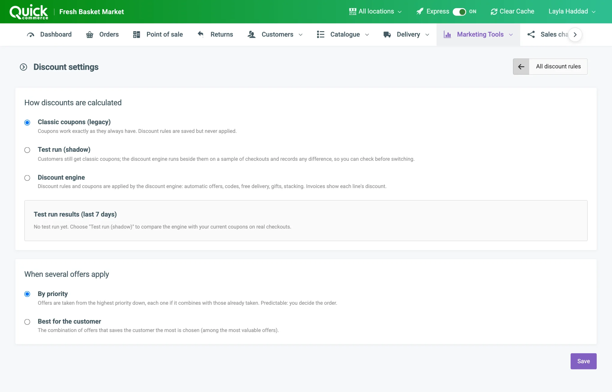 Discount settings with the three modes and the two ways of picking offers