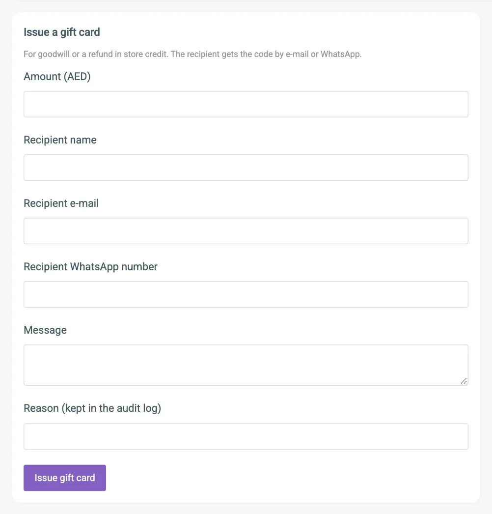 The Issue a gift card form with the amount, recipient e-mail, WhatsApp number, message and reason fields numbered