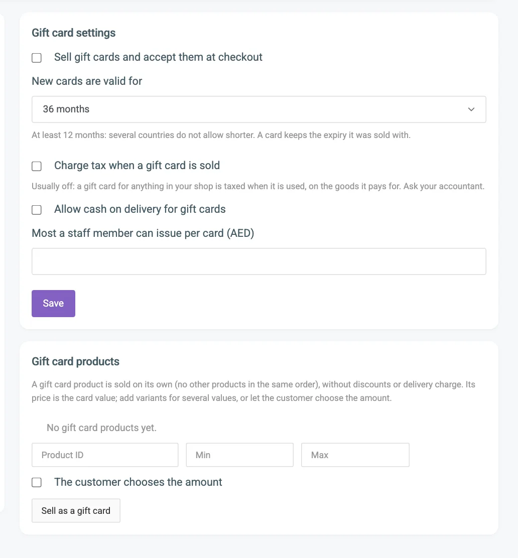 The Gift card settings card and the Gift card products card, with the switch, validity, issue limit, Product ID and customer-chooses tick box numbered