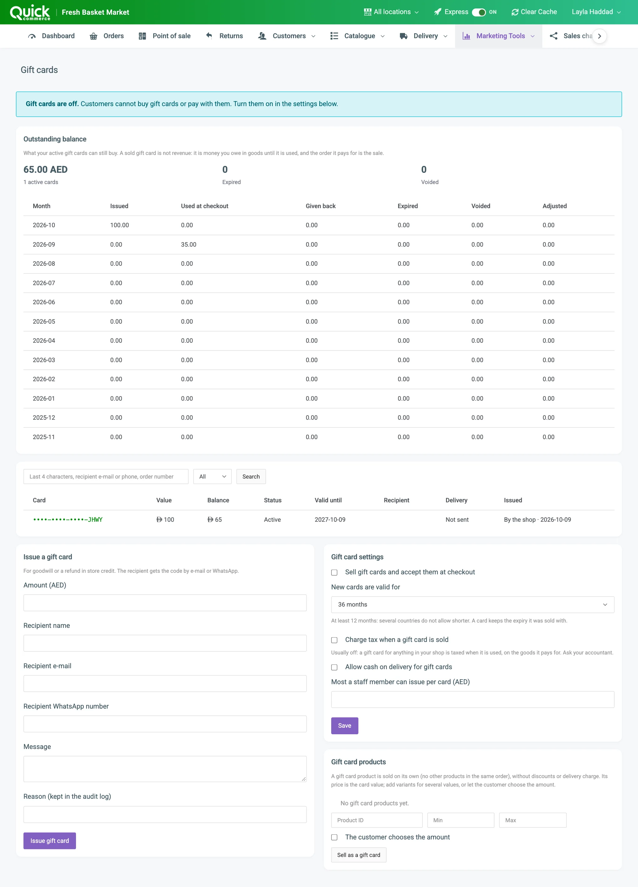 The Gift cards page with the Outstanding balance tiles, the monthly table, the search box, the status filter and a card link numbered